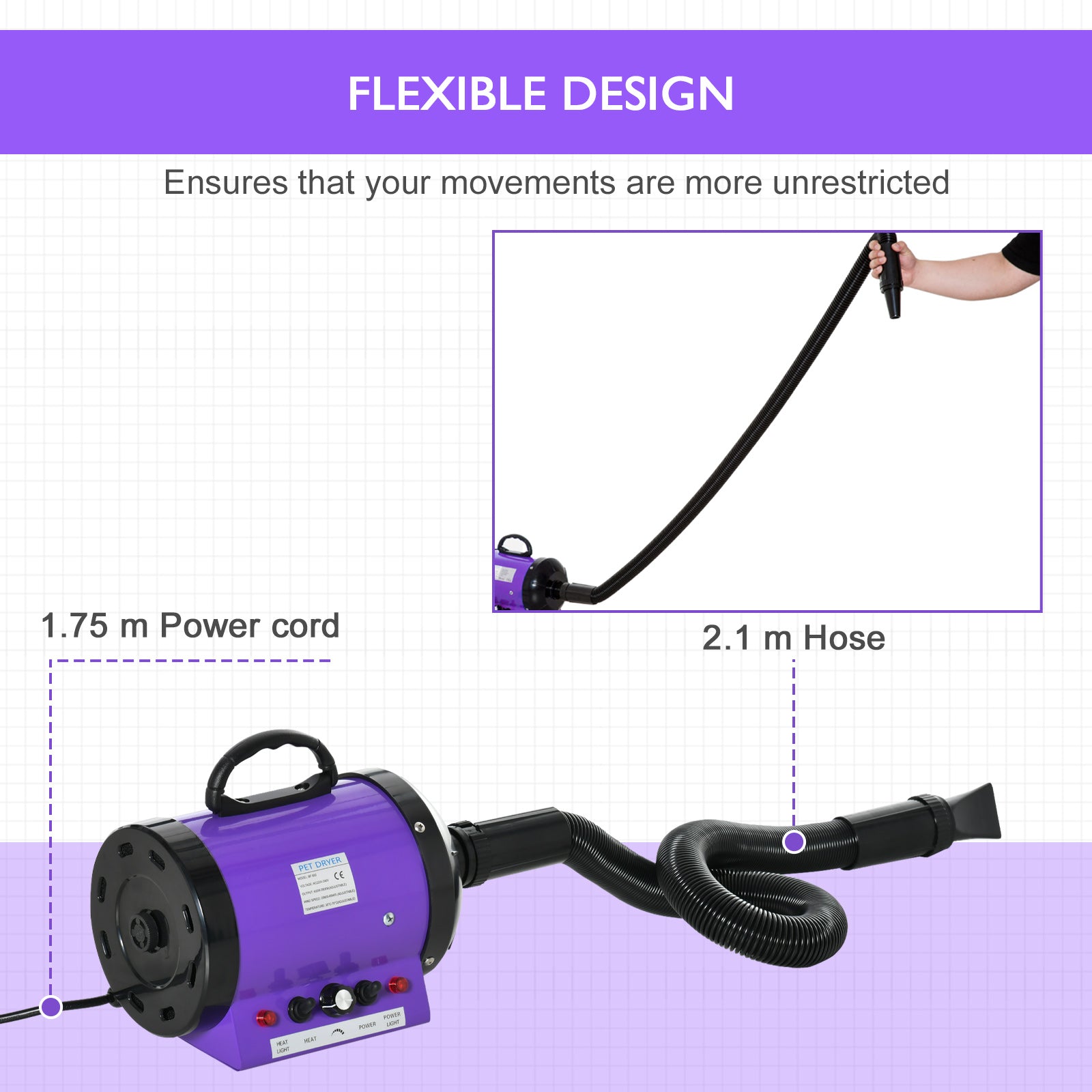 PawHut 2800W Dog Hair Dryer Pet Grooming Blaster Water Blower Dryer w/ 3 Nozzles, Purple - North Peak Garden Furniture