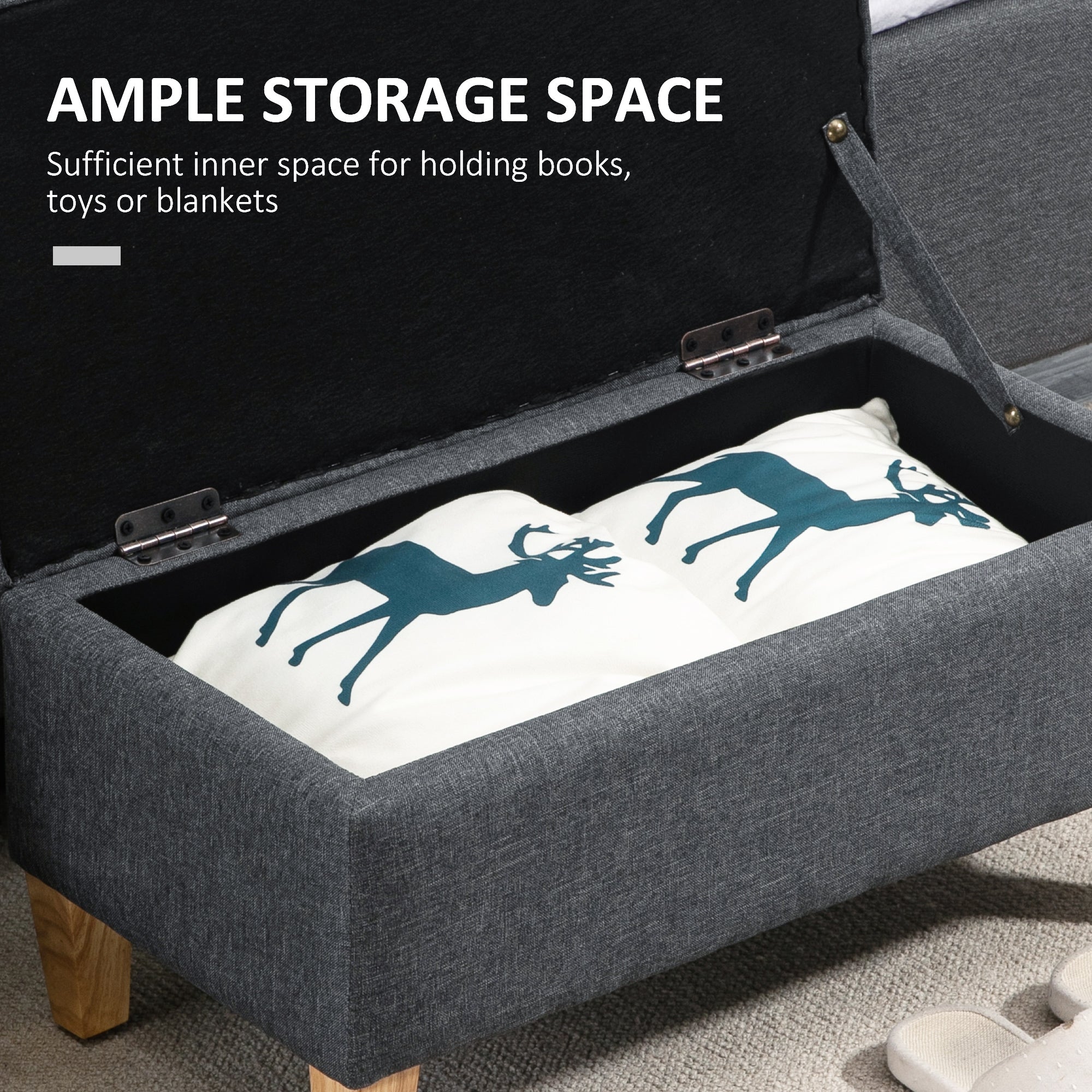 HOMCOM Linen Storage Ottoman Padded Footstool with Rubberwood Legs Ideal for Bed End, Shoe Bench, Seating, Dark Grey - North Peak Garden Furniture