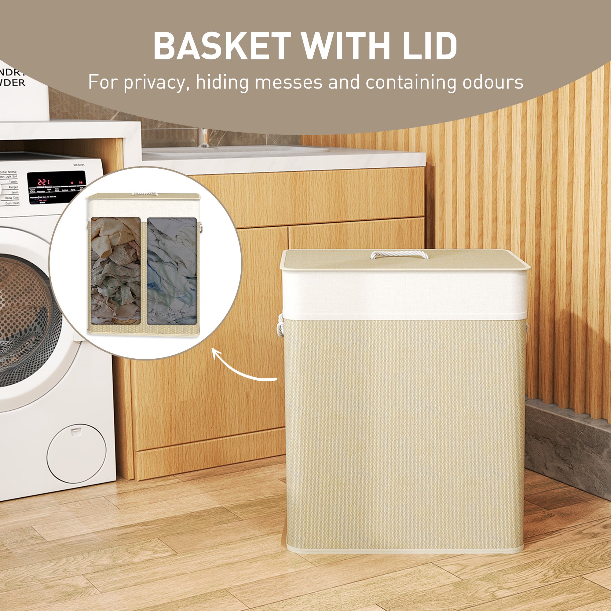 HOMCOM Double Laundry Basket with Lid, 100L Bamboo Laundry Hamper with Rope Handles, Washing Basket with Removable Liner for Bathroom, Bedroom, Cream White - North Peak Garden Furniture
