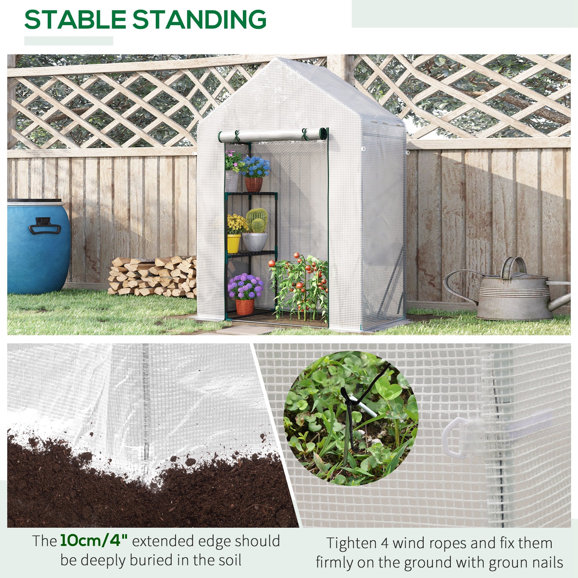 Outsunny Greenhouse for Outdoor, Portable Gardening Plant Grow House with 2 Tier Shelf, Roll-Up Zippered Door, PE Cover, 143 x 73 x 195cm, Green - North Peak Garden Furniture
