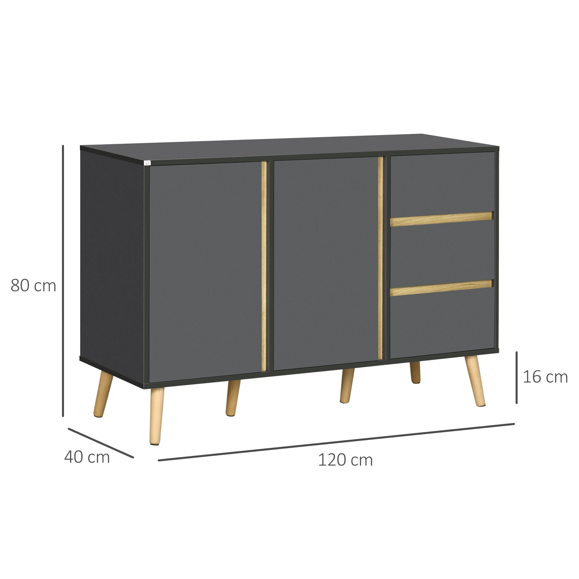 HOMCOM Sideboard, Modern Kitchen Cupboard with Double Doors and 3 Drawers, Adjustable Shelves for Living Dining Room, Dark Grey - North Peak Garden Furniture