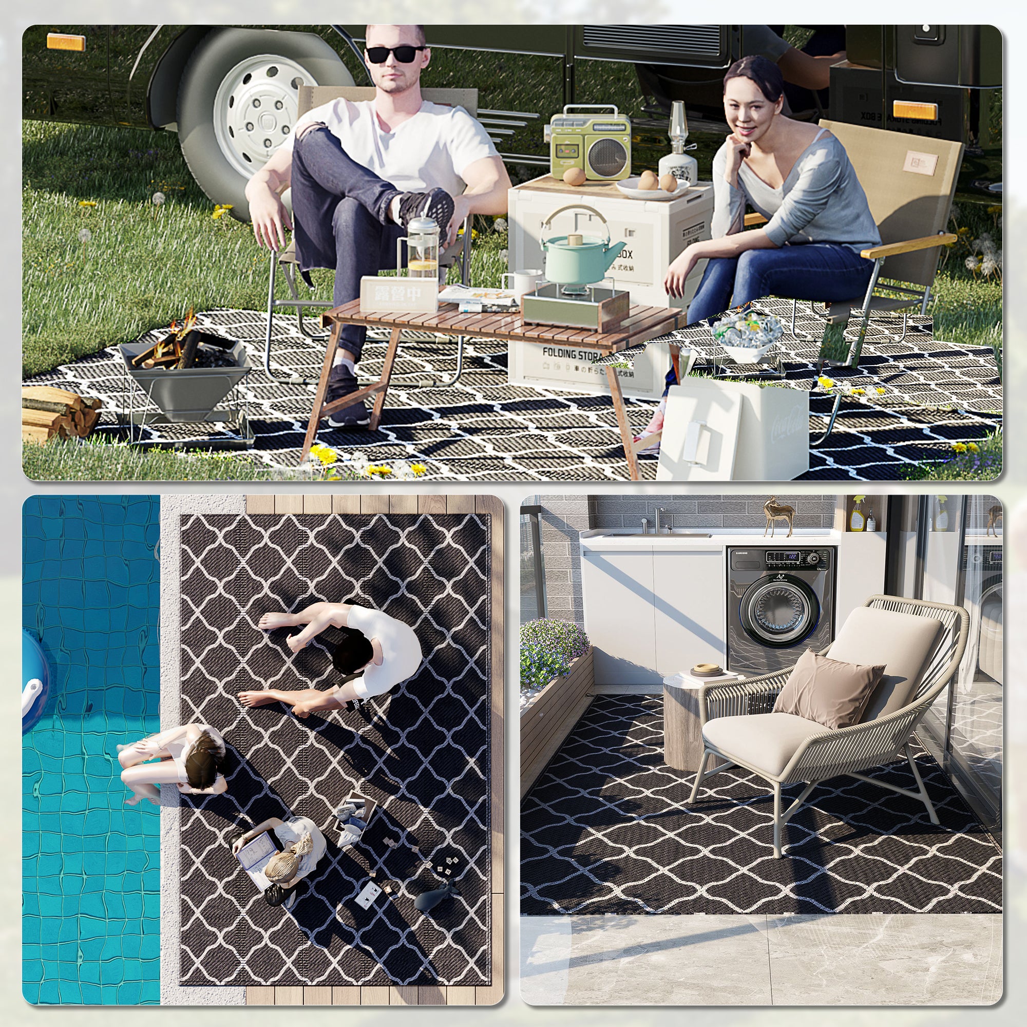 Outsunny Reversible Outdoor Rug, Plastic Straw Mat w/ Carry Bag Ground Stakes for Garden RV Picnic Beach Camping 182x274cm Black - North Peak Garden Furniture