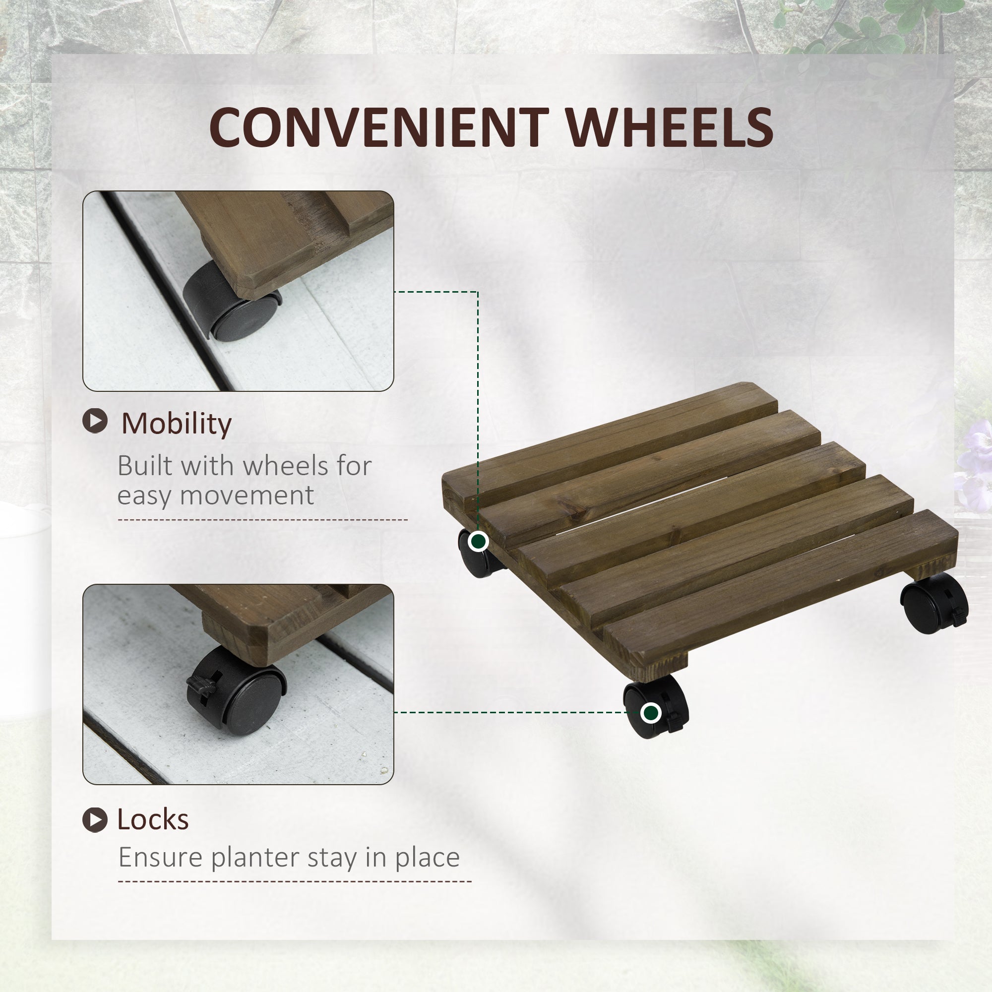 Outsunny 30L x 30W x 7Hcm 2 Pack Plant Stand with Wheels, Flowerpot Holder, Wooden Flower Display Stand for Indoor Outdoor Living Room Entryway - North Peak Garden Furniture