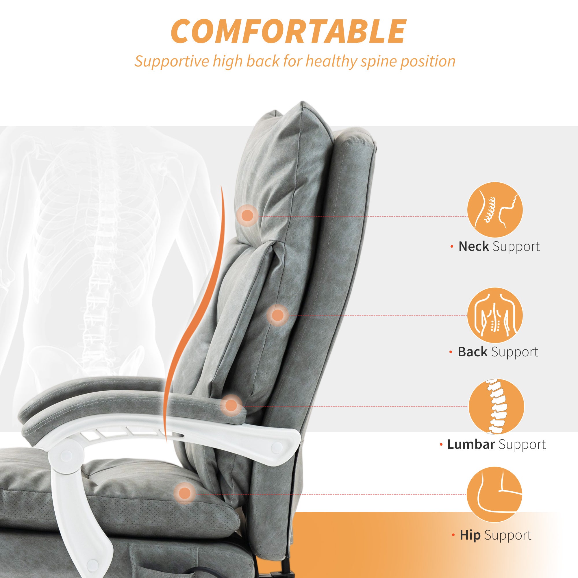 HOMCOM Faux Leather Office Chair, with Inflatable Lumbar - Grey