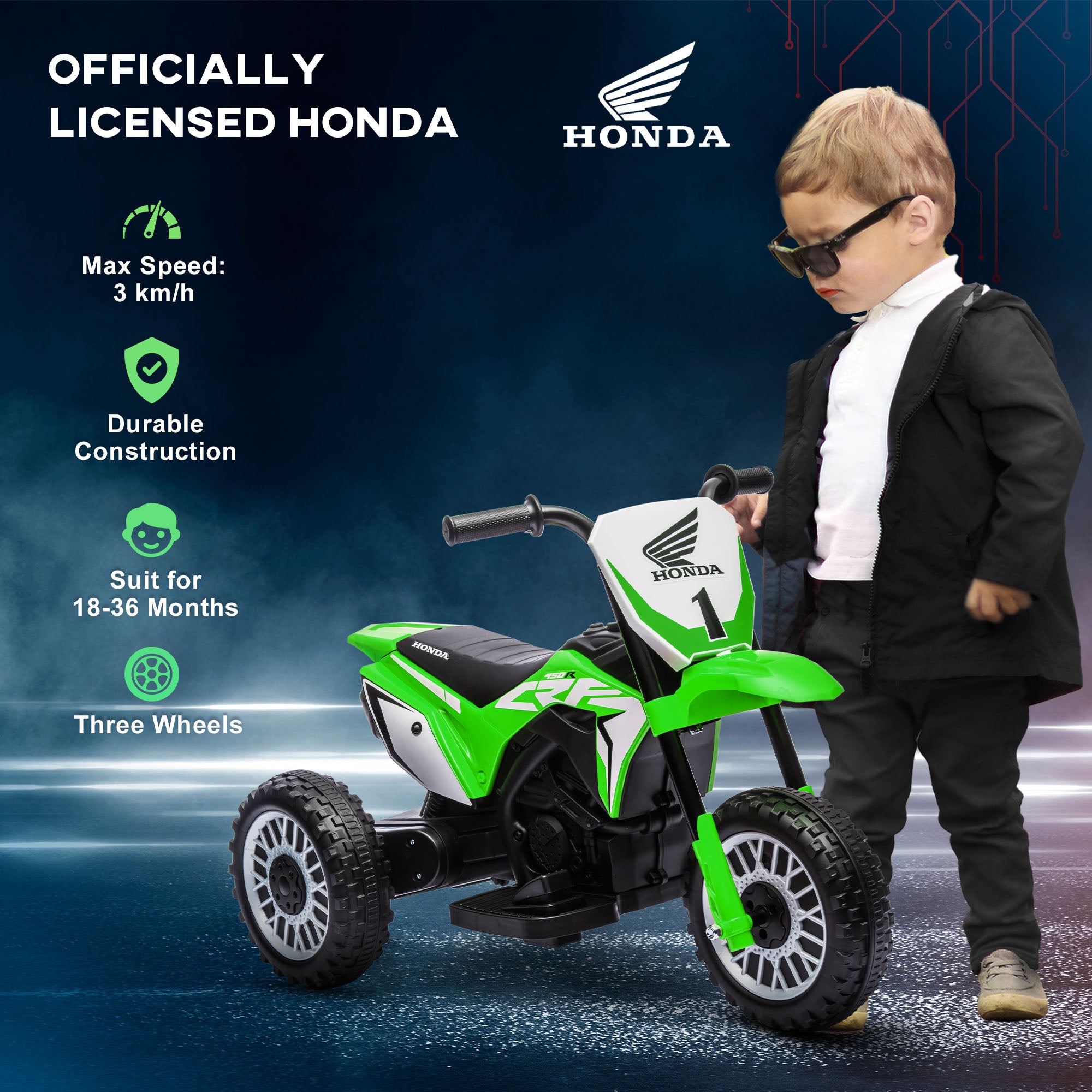 HOMCOM 6V Kids Motorbike, Three-Wheel Kids Electric Bike with Horn, Startup Sound for Ages 18-36 Months - Green - North Peak Garden Furniture