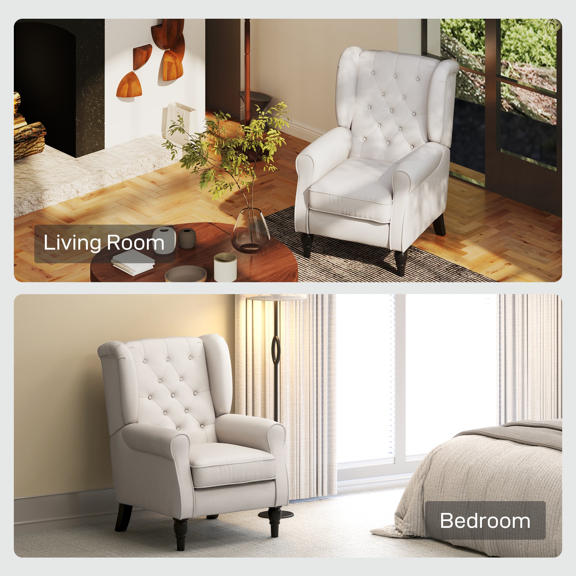 HOMCOM Wingback Accent Chair, Retro Upholstered Button Tufted Occasional Chair for Living Room and Bedroom, Cream White - North Peak Garden Furniture