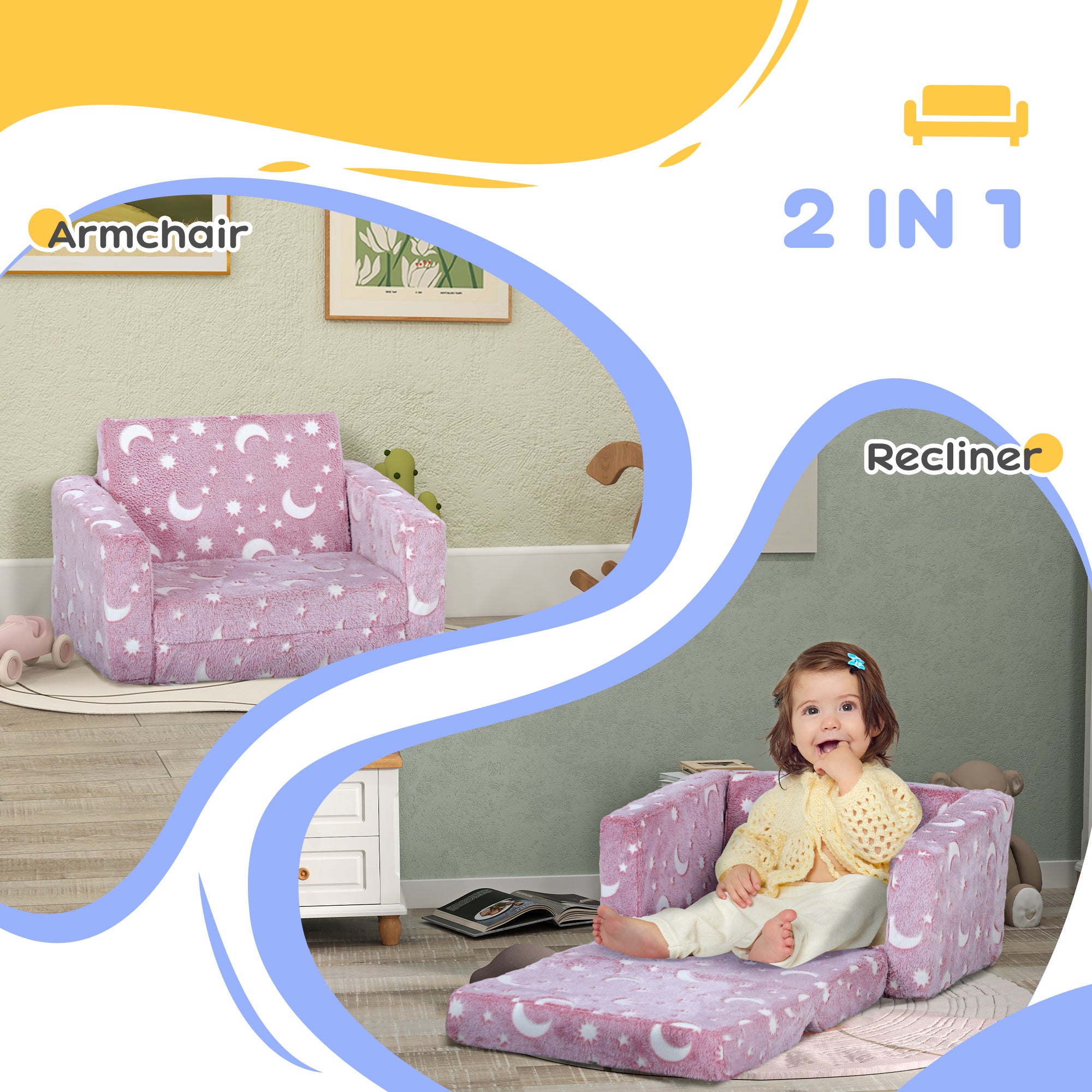 AIYAPLAY 2 in 1 Kids Kids Folding Bed Armchair with Glow in The Dark Cosmic Design, Washable Cushion and Cover, Blue - North Peak Garden Furniture