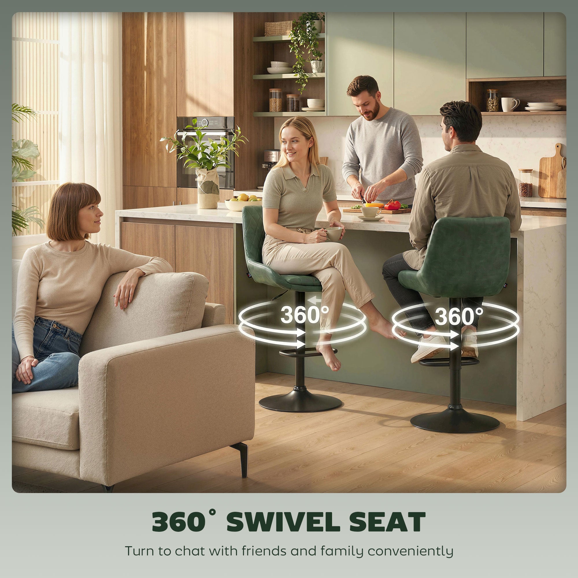 HOMCOM Retro Bar Stools Set of 2, Adjustable Kitchen Stool, Upholstered Bar Chairs with Back, Swivel Seat, Green