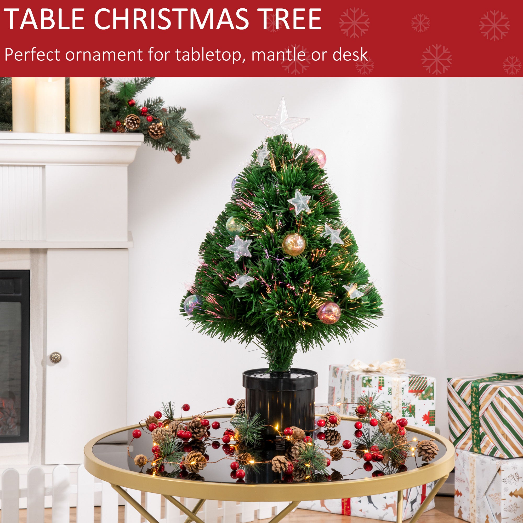 HOMCOM 2FT Pre-lit Artificial Christmas Tree Tabletop Multicoloured Fibre Optic Xmas Decoration w/ LED Lights Pot Table Desk - Green - North Peak Garden Furniture