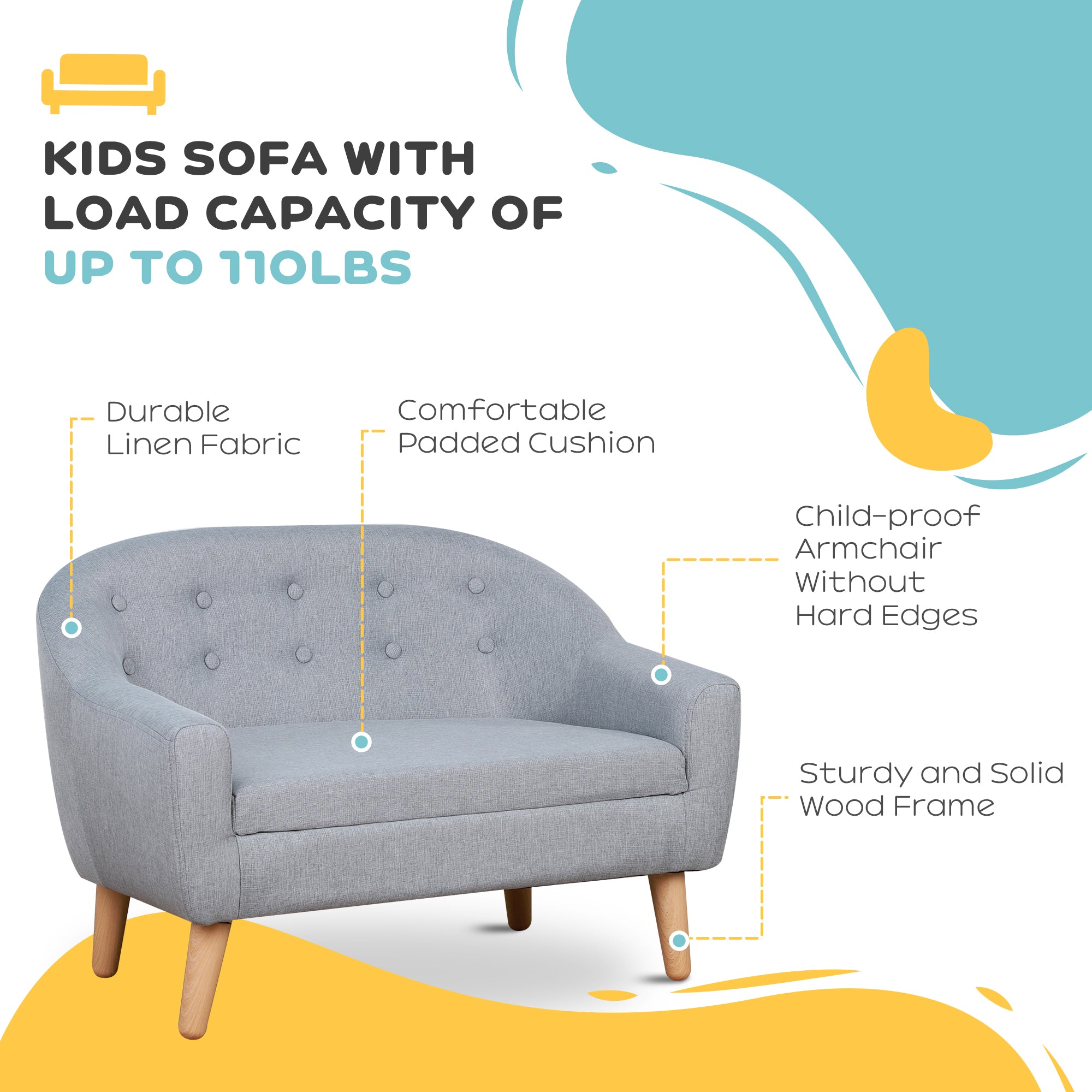 HOMCOM Children's Armchairs Kids Armchair Toddler Chair 2 Seater Wood Frame Mini Sofa for Bedroom Playroom Grey - North Peak Garden Furniture