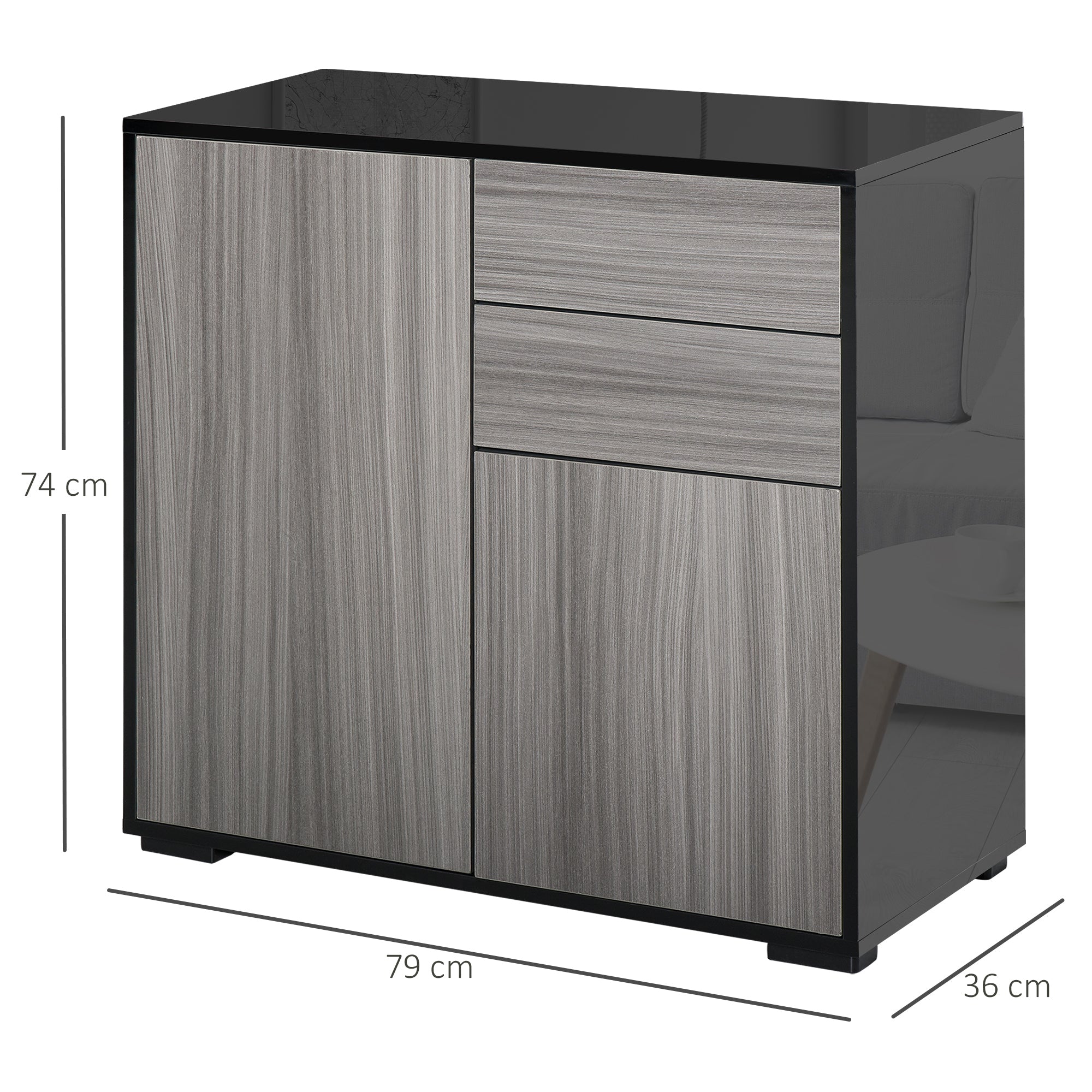 HOMCOM High Gloss Frame Sideboard, Side Cabinet, Push-Open Design with 2 Drawer for Living Room, Bedroom, Light Grey and Black - North Peak Garden Furniture