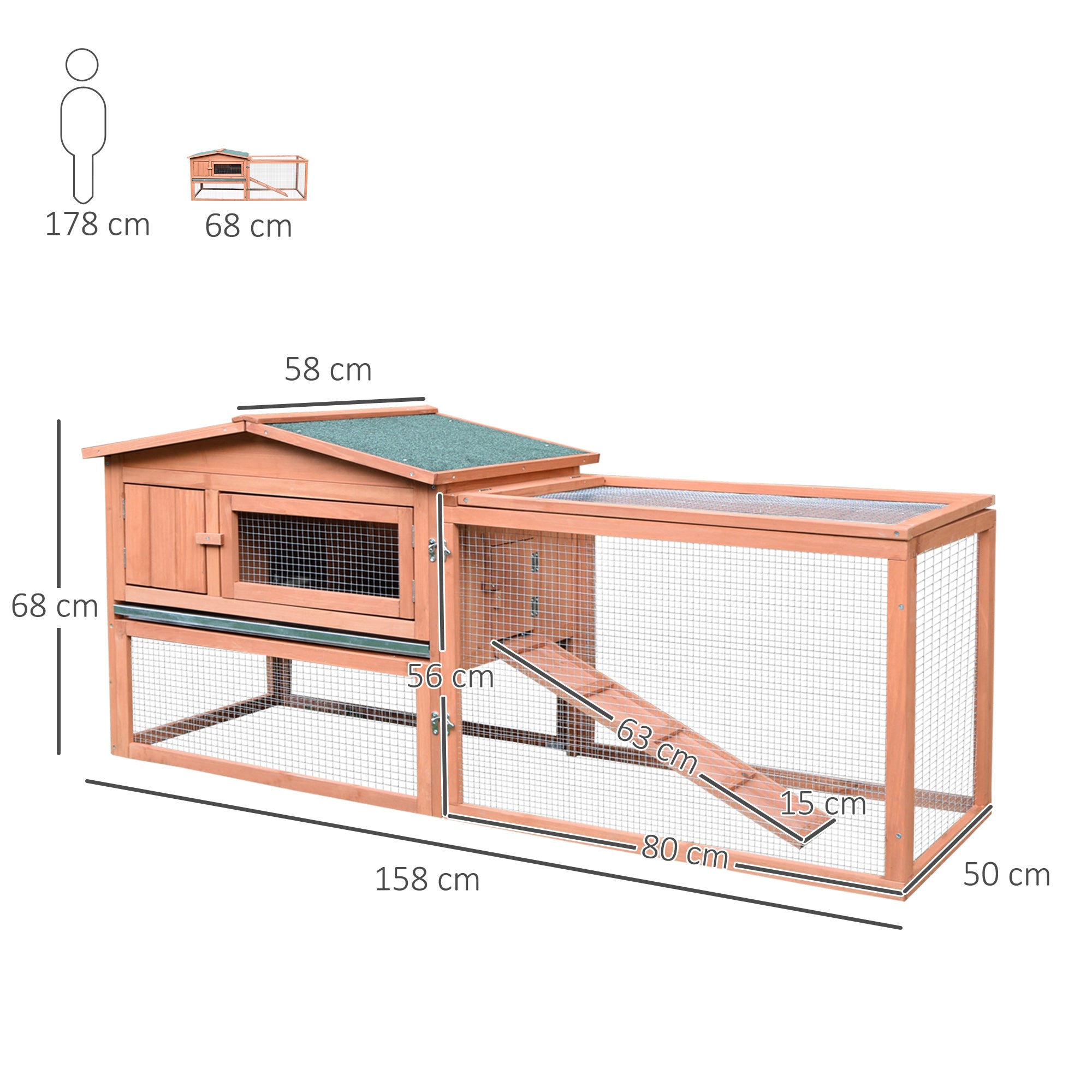 Pawhut 2 Floor Wooden Rabbit Hutch Bunny Cage House Chicken Coop Outdoor Garden Backyard 158 x 58 x 68 cm