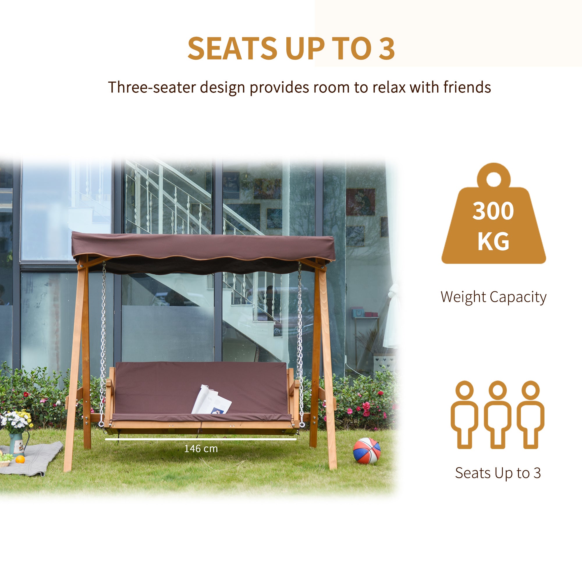 Outsunny 3 Seater Garden Swing Seat Outdoor Swing Chair with Adjustable Canopy, Wooden Hammock Bench with Padded Cushions for Patio Yard, Brown - North Peak Garden Furniture
