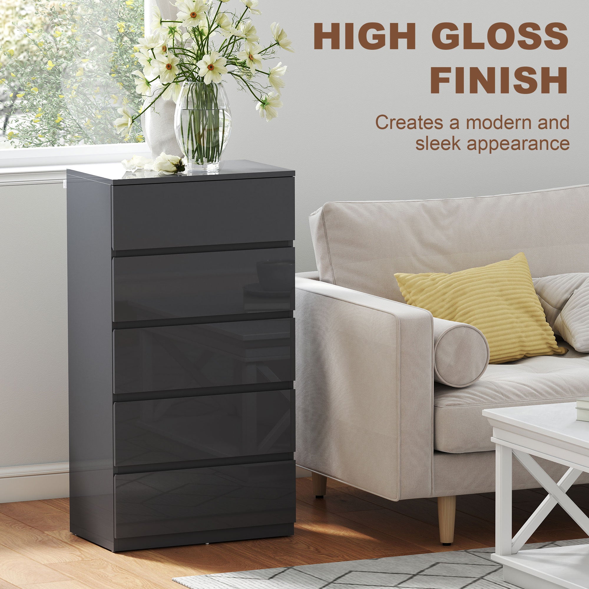HOMCOM High Gloss Chest of Drawers, 5-Drawer Storage Cabinets, Modern Dresser, Storage Drawer Unit for Bedroom