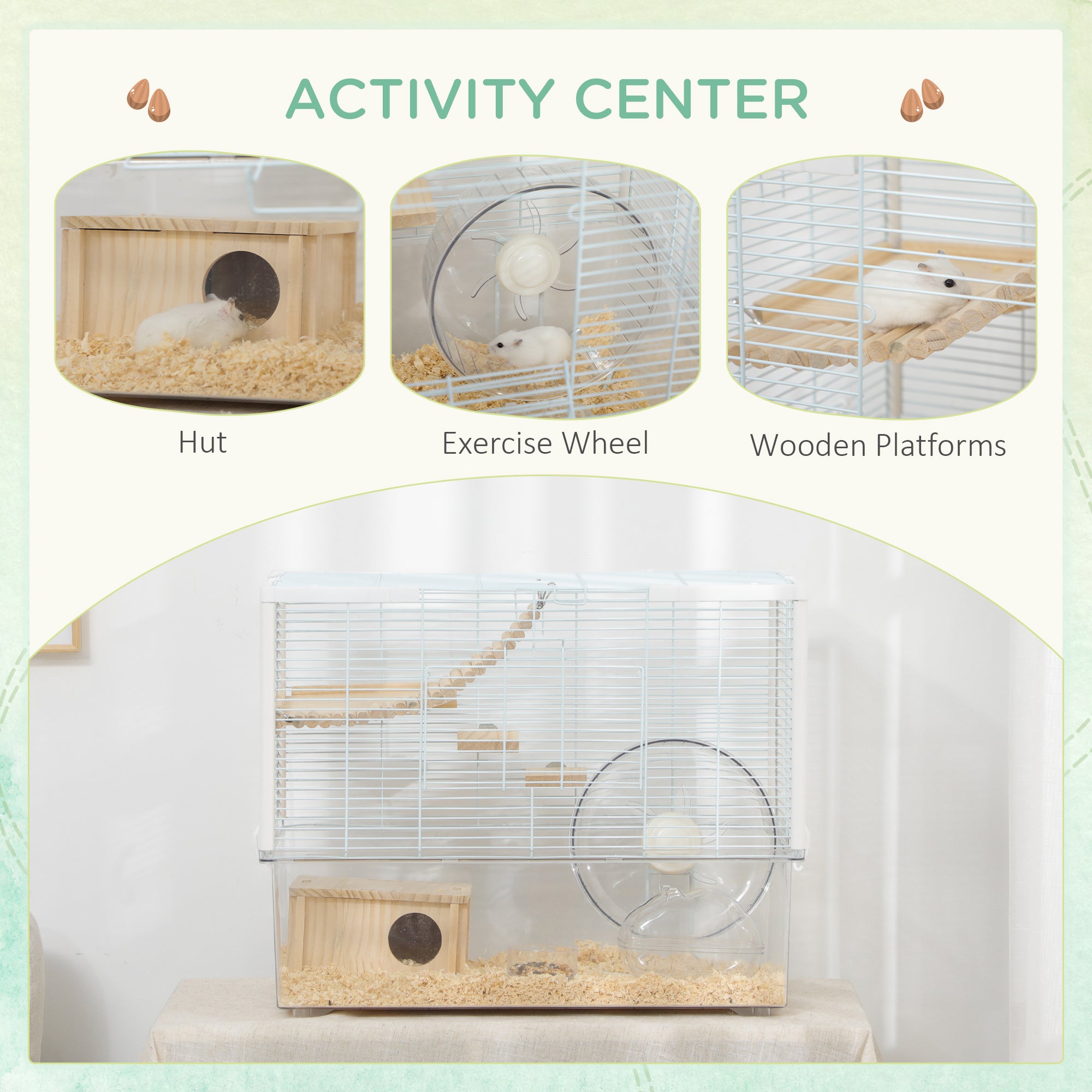 PawHut Hamster Cage, Gerbilarium Cage, Wooden Ramp, Exercise Wheel, Food Bowl, Natural Tone and White |