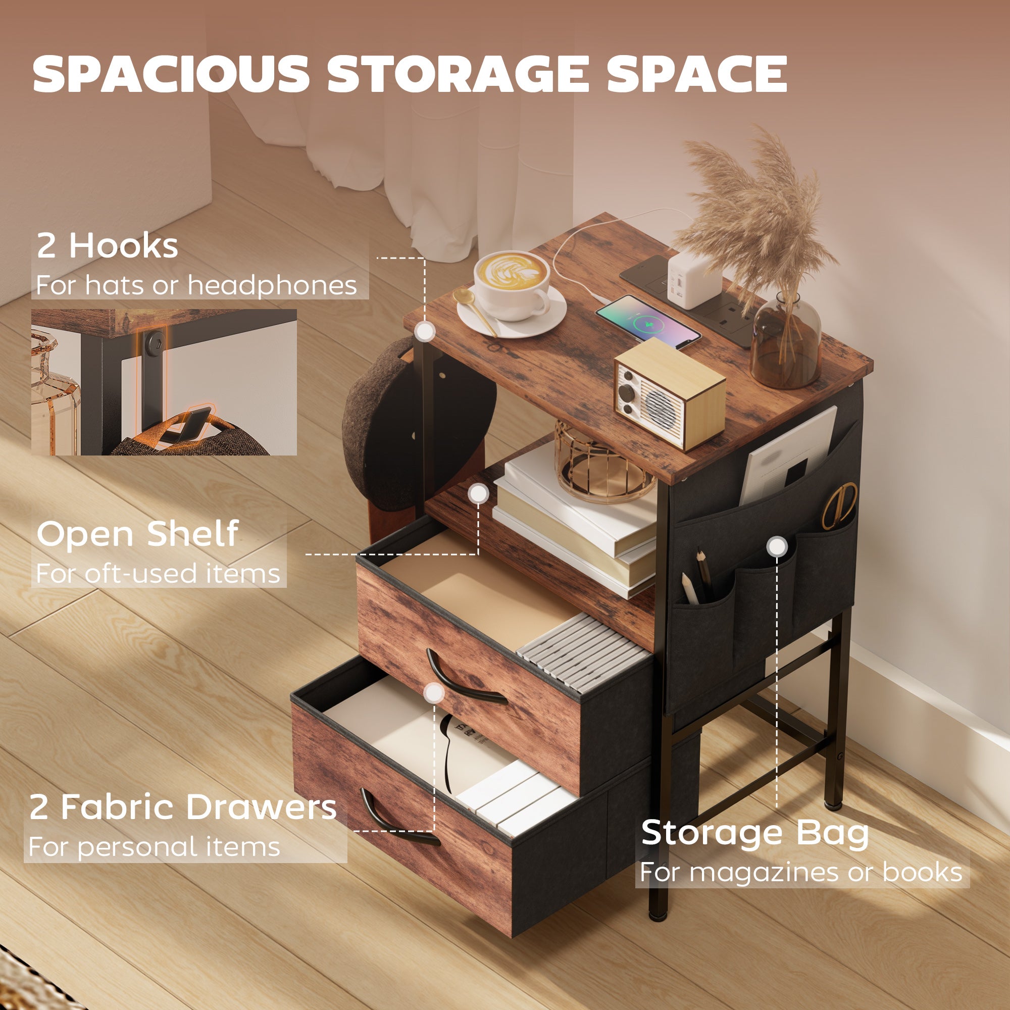 HOMCOM Bedside Table with Charging Station - Rustic Brown