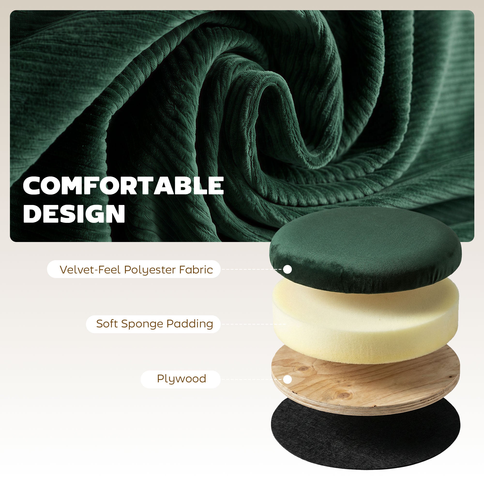HOMCOM Storage Ottoman Modern Velvet Round Foot Stool for Living Room Bedroom 45 cm Dark Green