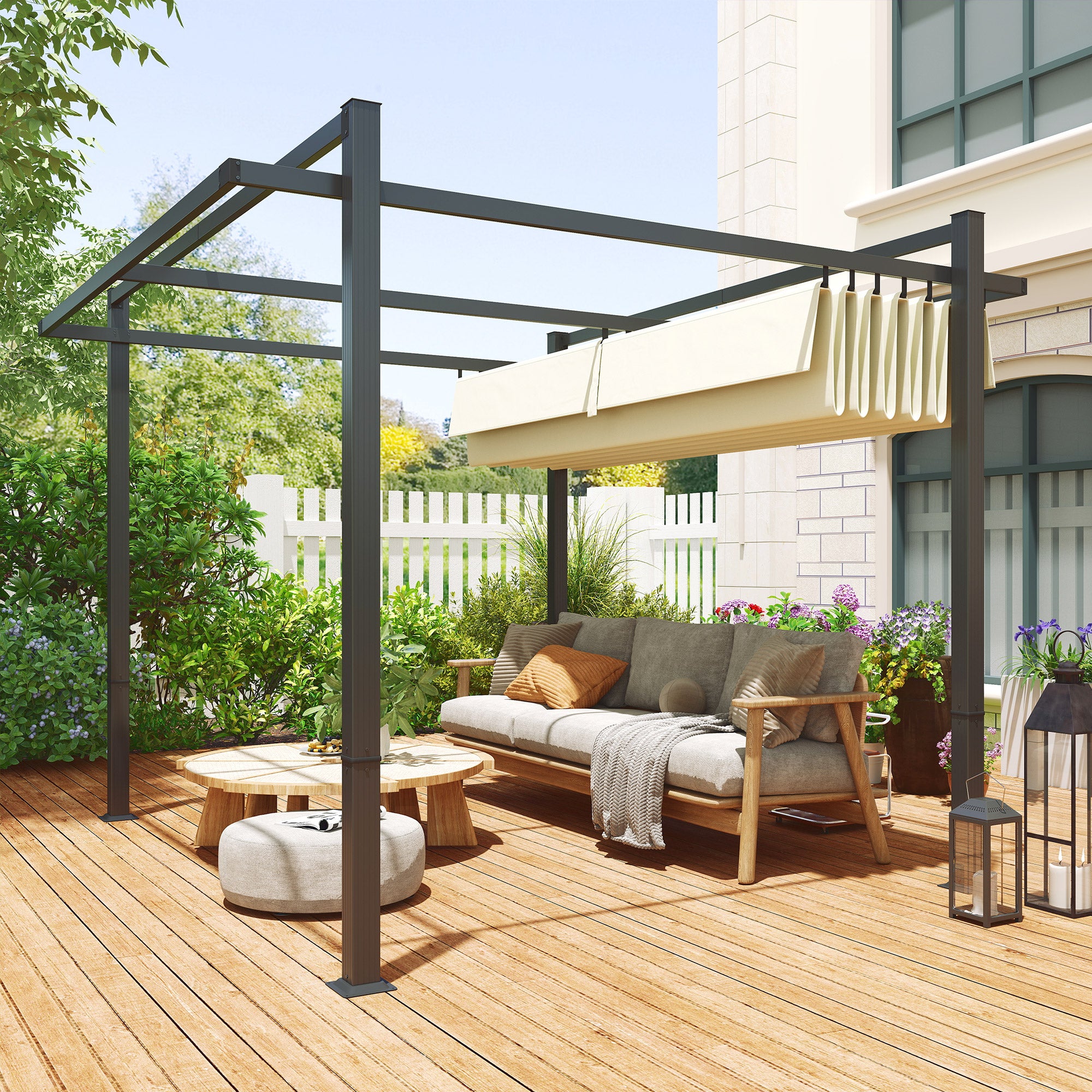 Outsunny 3 x 3m Aluminium Pergola, with Retractable Roof - Grey/Khaki - North Peak Garden Furniture