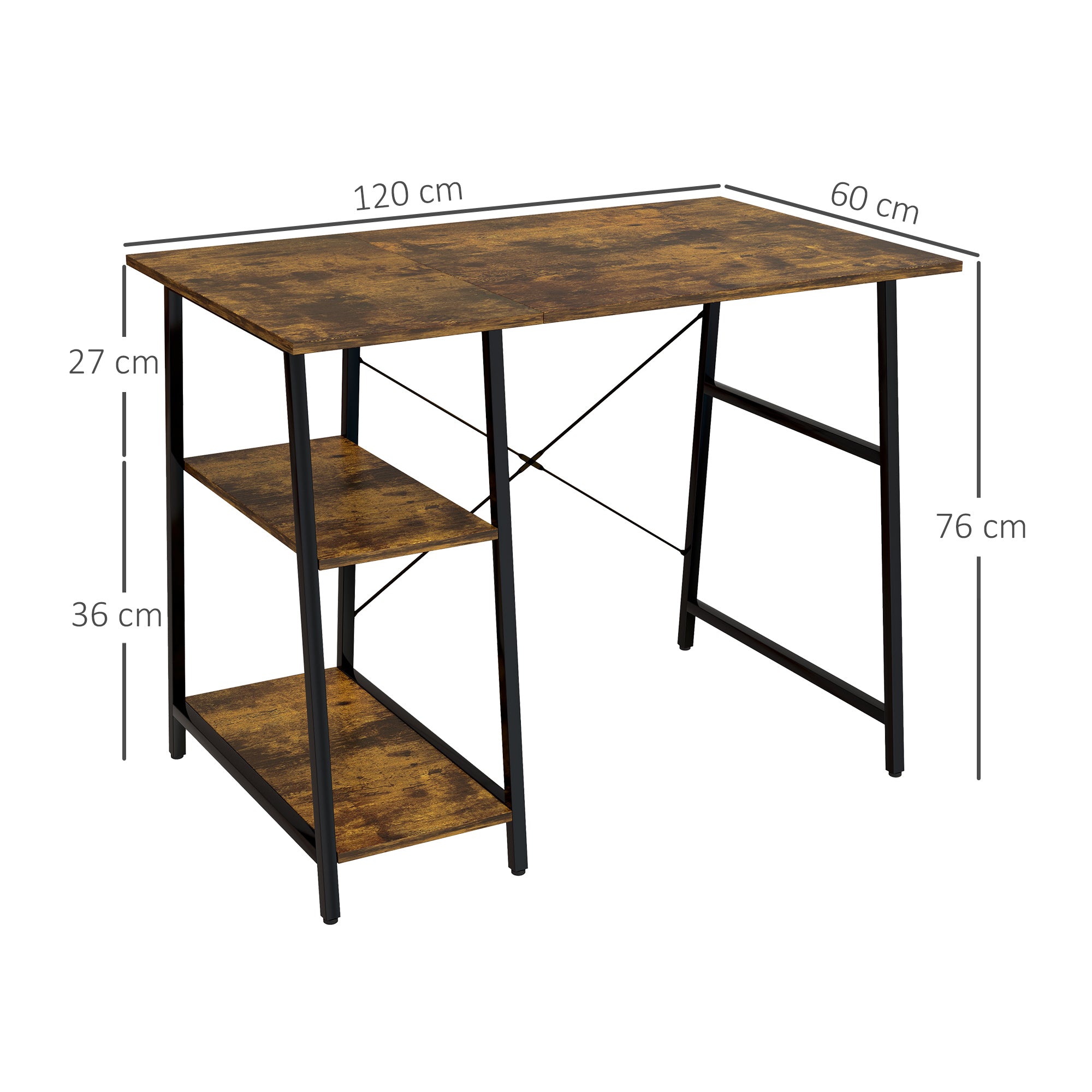 HOMCOM Industrial-Style Work Desk, with Shelves - Brown/Black - North Peak Garden Furniture