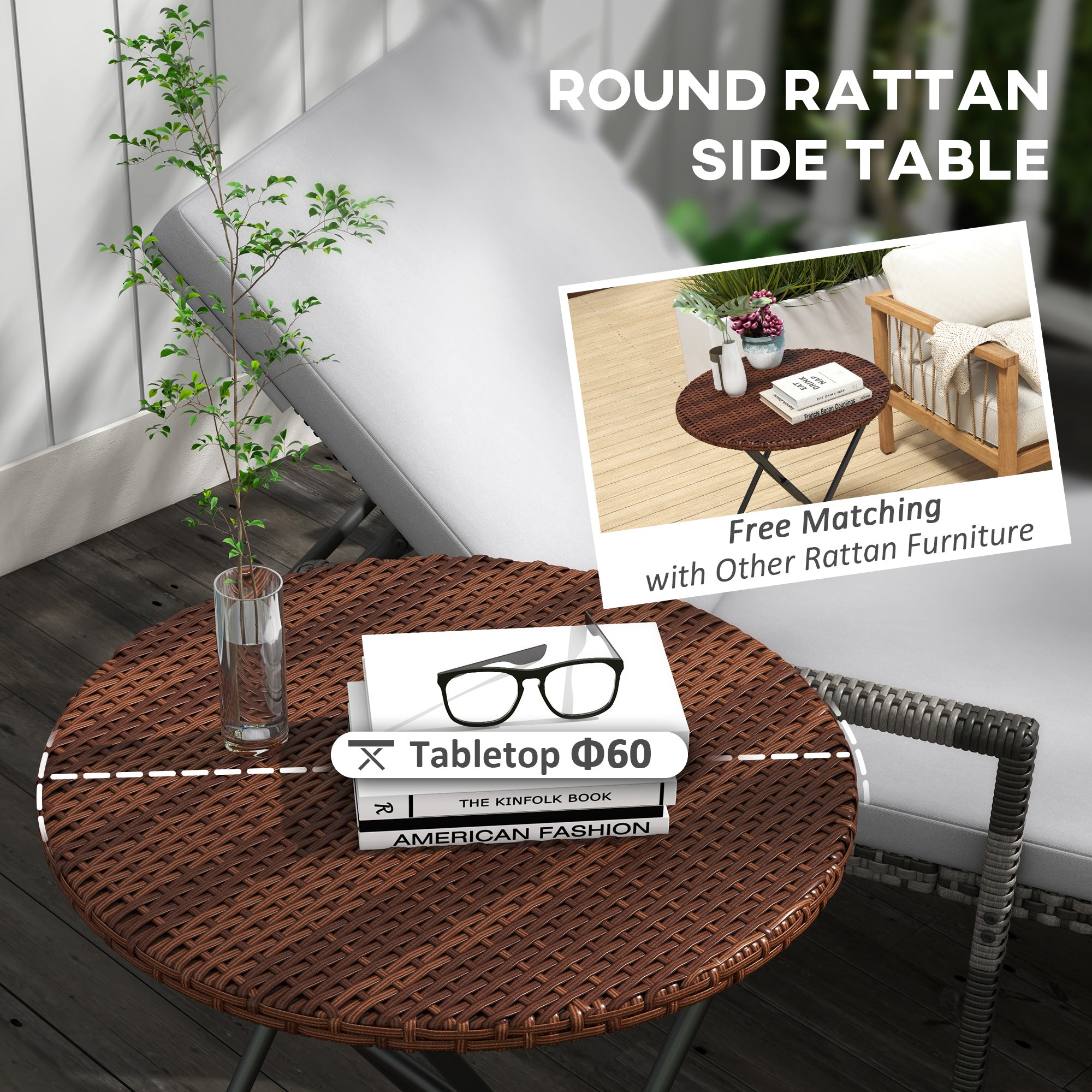 Outsunny Foldable PE Rattan Outdoor Coffee Table, Metal Frame Wicker Round Side Table, Coffee Table Side Table for Lawn, Garden, Mixed Brown - North Peak Garden Furniture