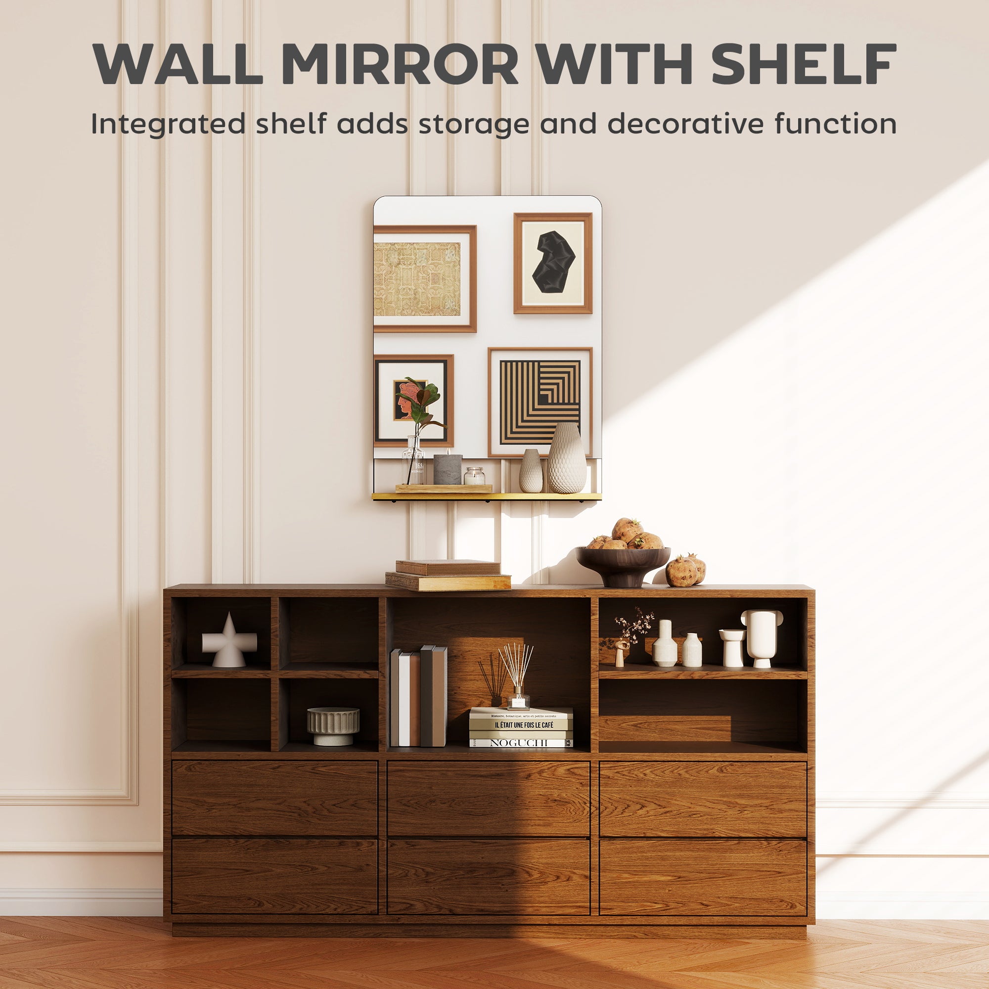 HOMCOM Wall Mirror with Wood Shelf - Black