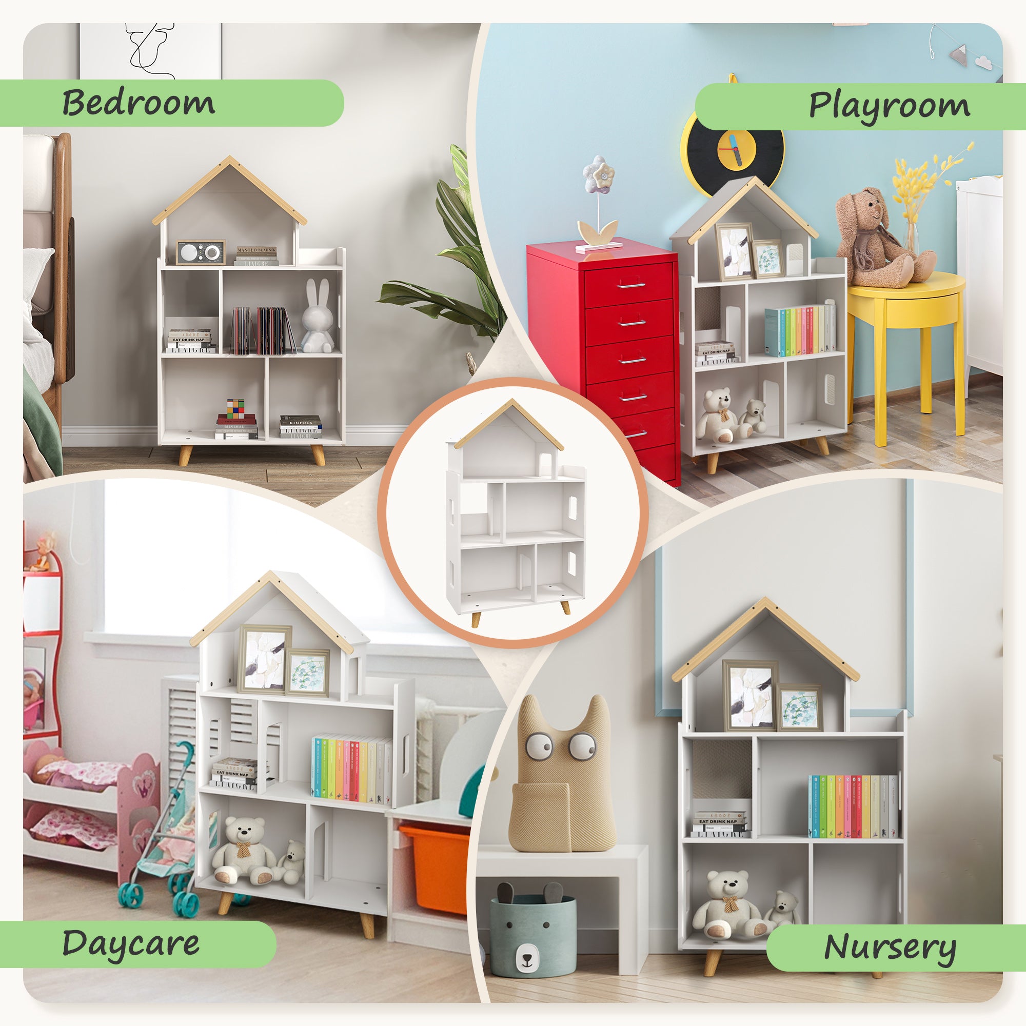 ZONEKIZ Three-Tier Toy Storage Shelf, Kids Bookcase, with Six Cubes, for Playroom, Bedroom - White - North Peak Garden Furniture