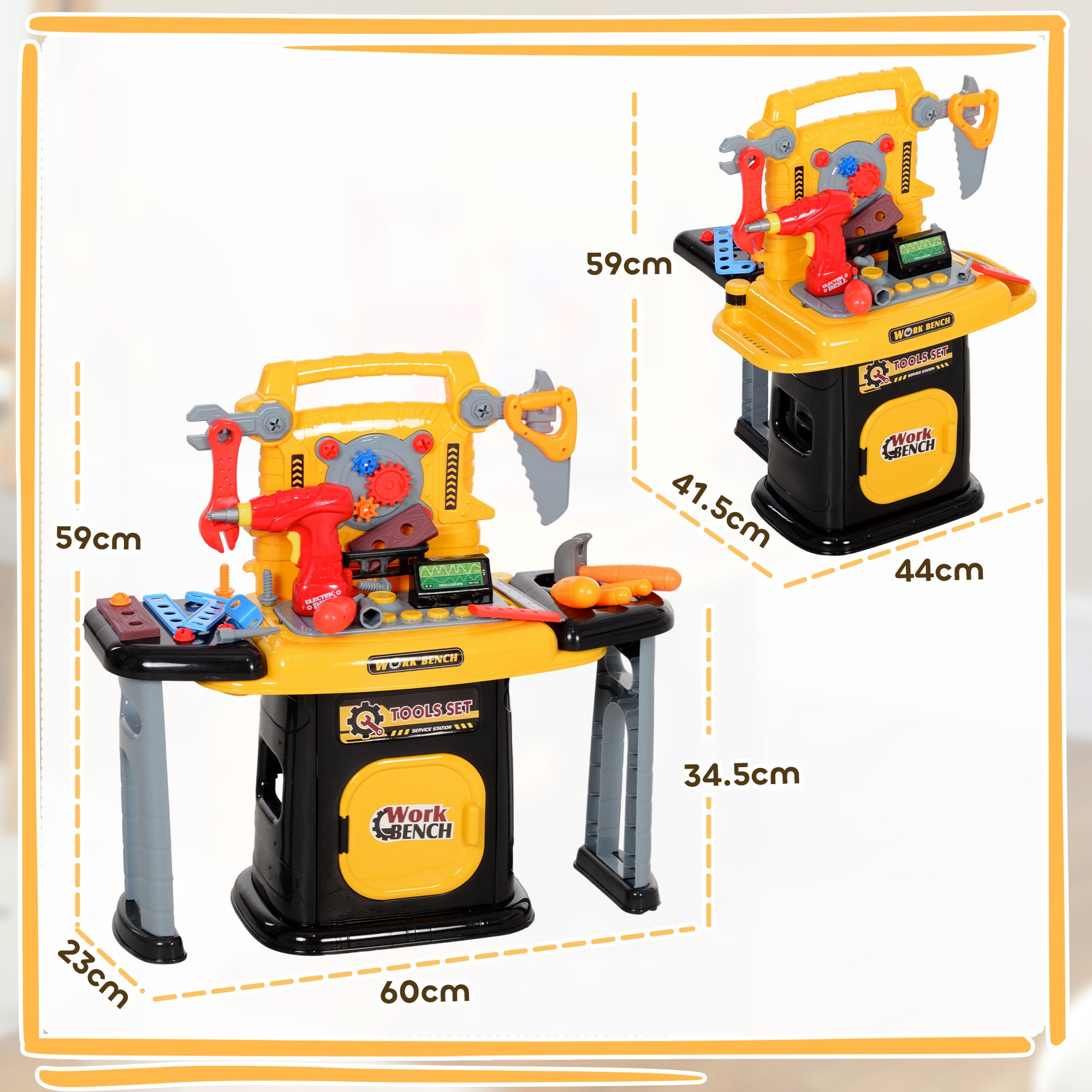 AIYAPLAY 102-Piece Kids Tool Bench with Electric Drill, Storage for Ages 3-6 Years, Yellow - North Peak Garden Furniture