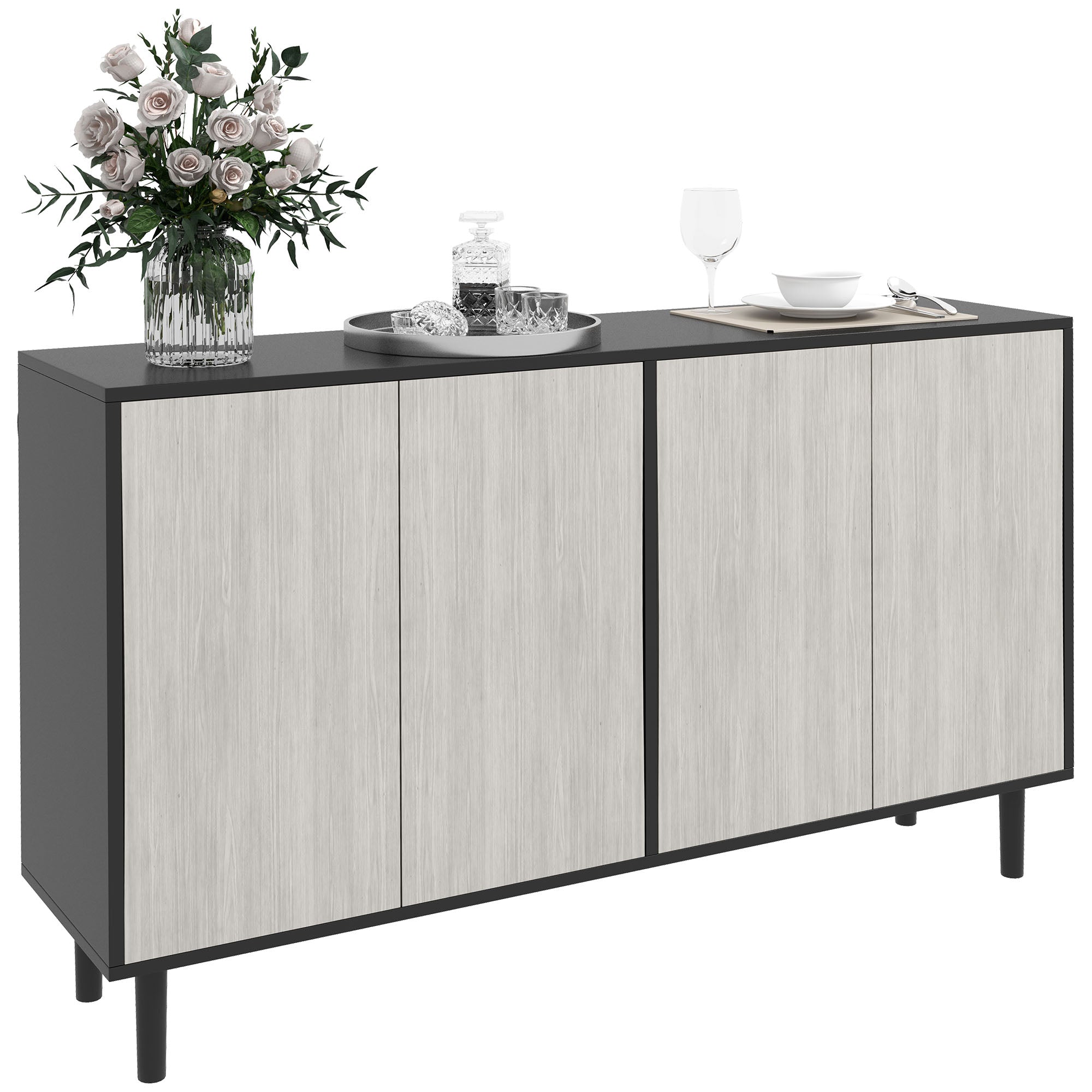 HOMCOM Kitchen Sideboard Storage Cabinet for Living Room with Adjustable Shelves 4 Doors and Pine Wood Legs Black - North Peak Garden Furniture