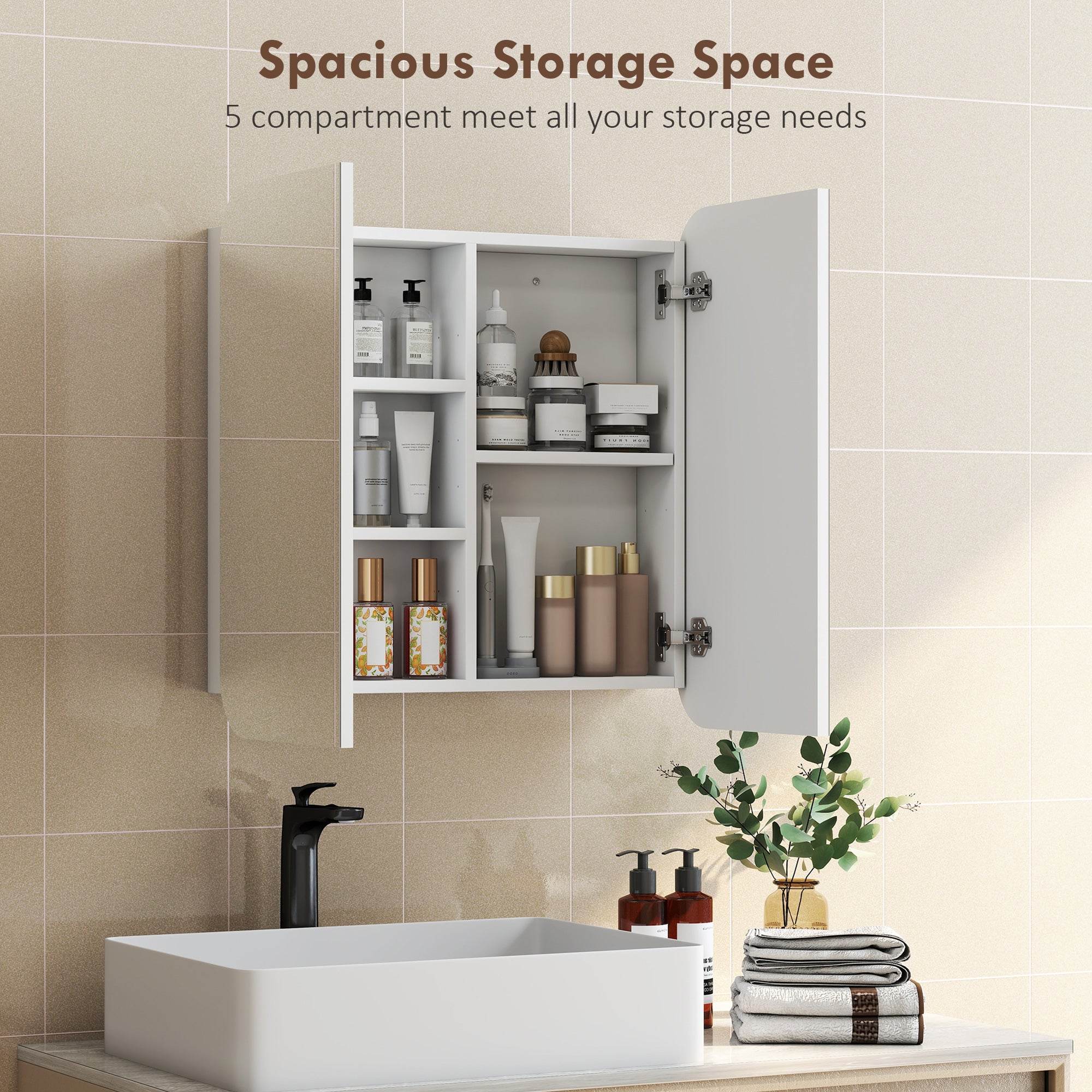 HOMCOM Arched Bathroom Mirror Cabinet with Adjustable Shelves - White
