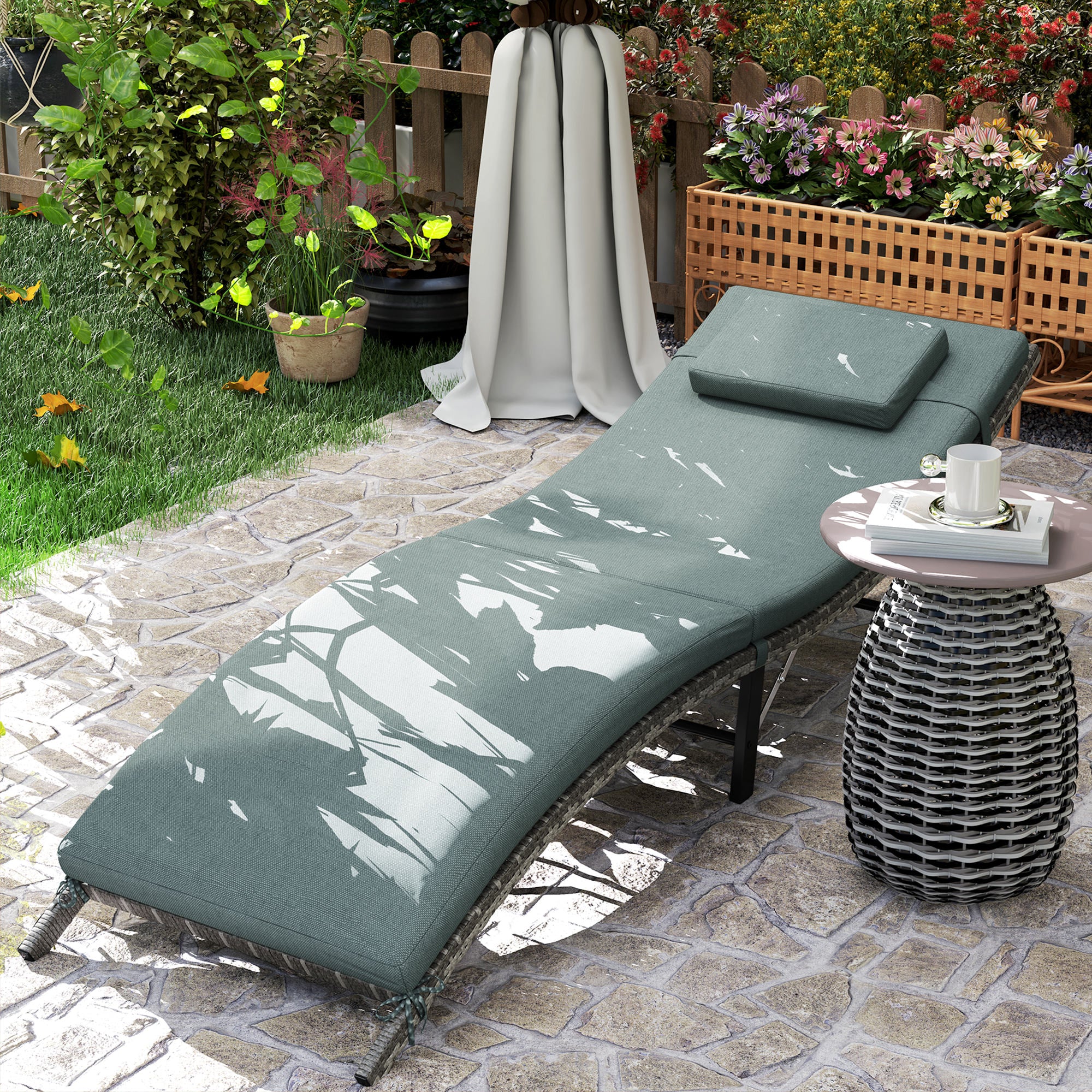 Outsunny Rattan Folding Sun Lounger Outdoor Chair with Cushion and Pillow Mixed Grey - North Peak Garden Furniture