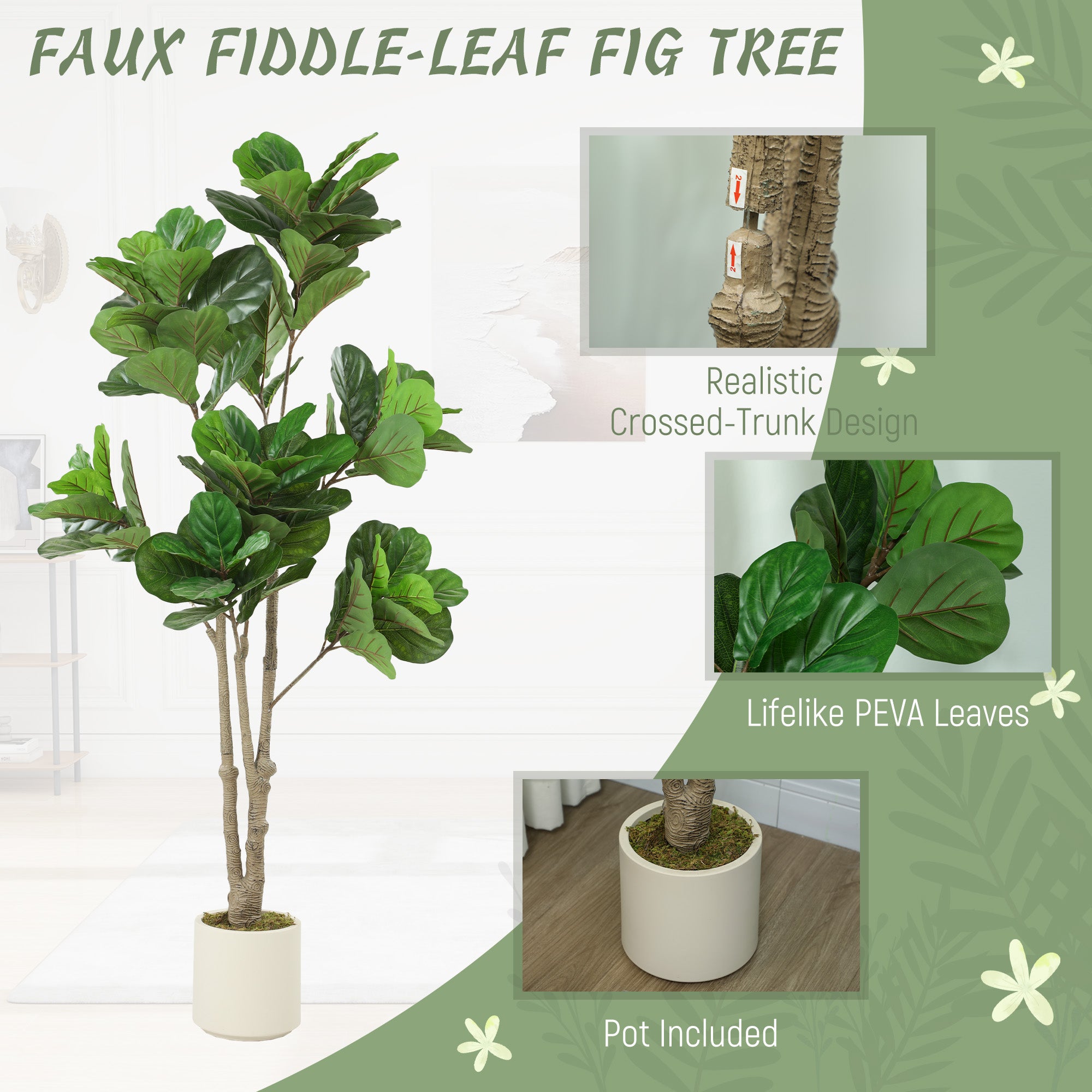 HOMCOM 180cm Artificial Fiddle Leaf Fig Tree - Green