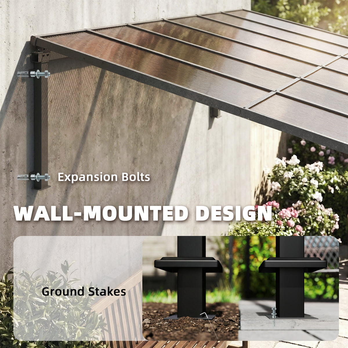 Outsunny 3.4 x 3 m Metal Lean-to Pergola, Wall-Mounted Garden Pergola with Polycarbonate Roof and Metal-Aluminium Frame, Brown