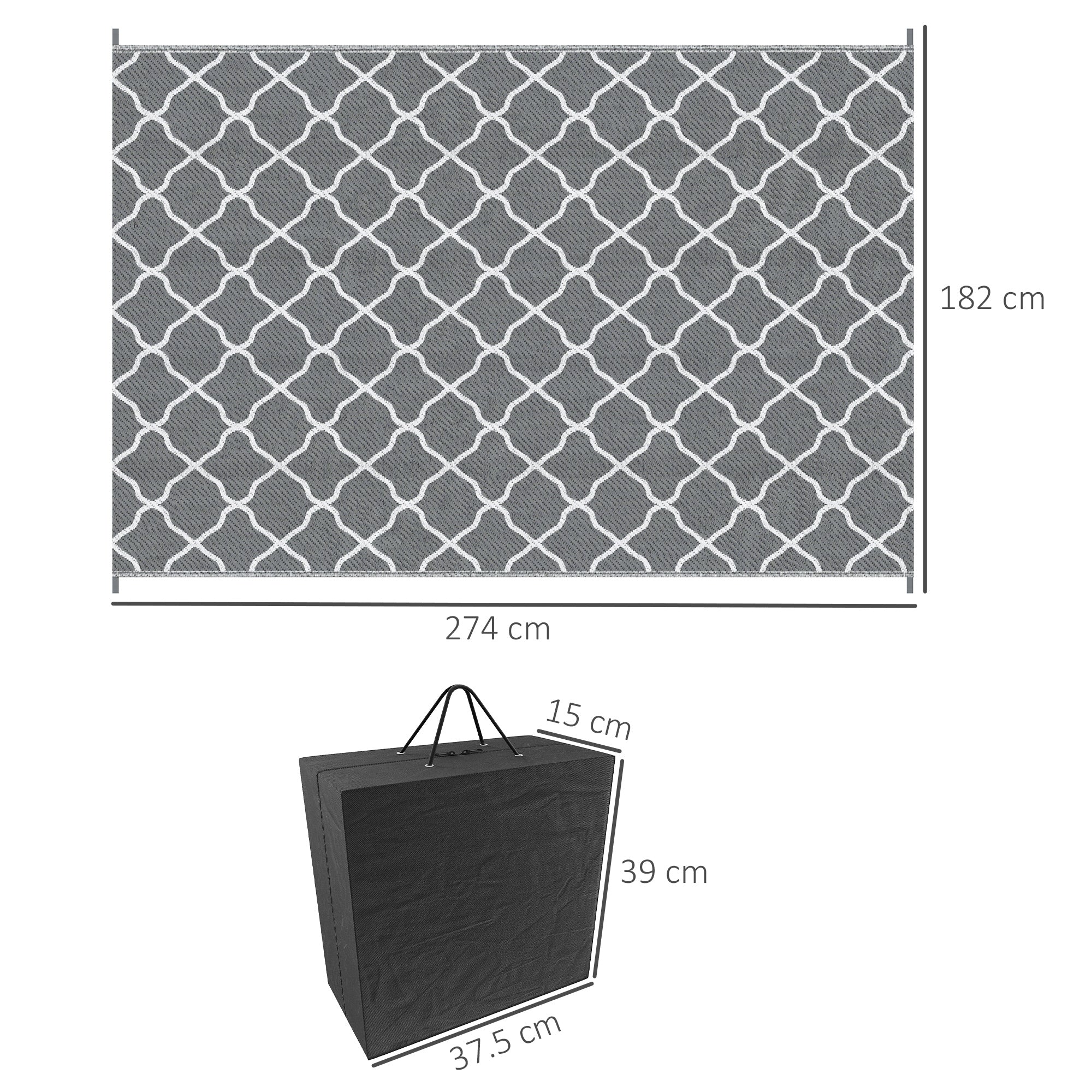 Outsunny Reversible Outdoor Rug with Carry Bag, Waterproof Plastic Straw Mat for Garden, Deck, RV, Picnic, Beach, Camping, 182 x 274cm, Grey - North Peak Garden Furniture