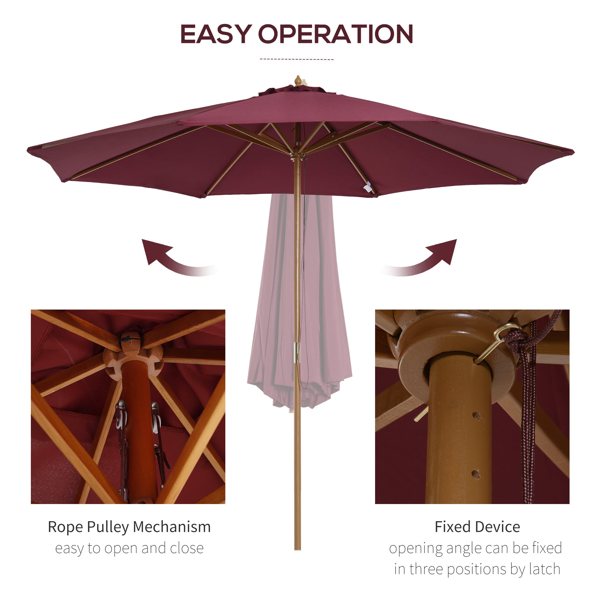 Outsunny 3(m) Garden Parasol, Pulley Operated Patio Umbrella, Wooden Table Market Umbrella with Rope Pulley Mechanism and 8 Ribs, Wine Red - North Peak Garden Furniture