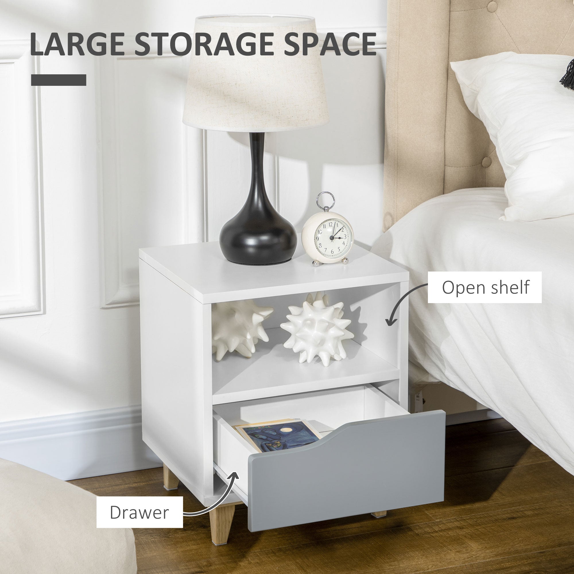 HOMCOM Modern Bedside Table, Side End Table with Shelf, Drawer and Wood Legs, 36.8cmx33cmx43.8cm, White and Grey - North Peak Garden Furniture