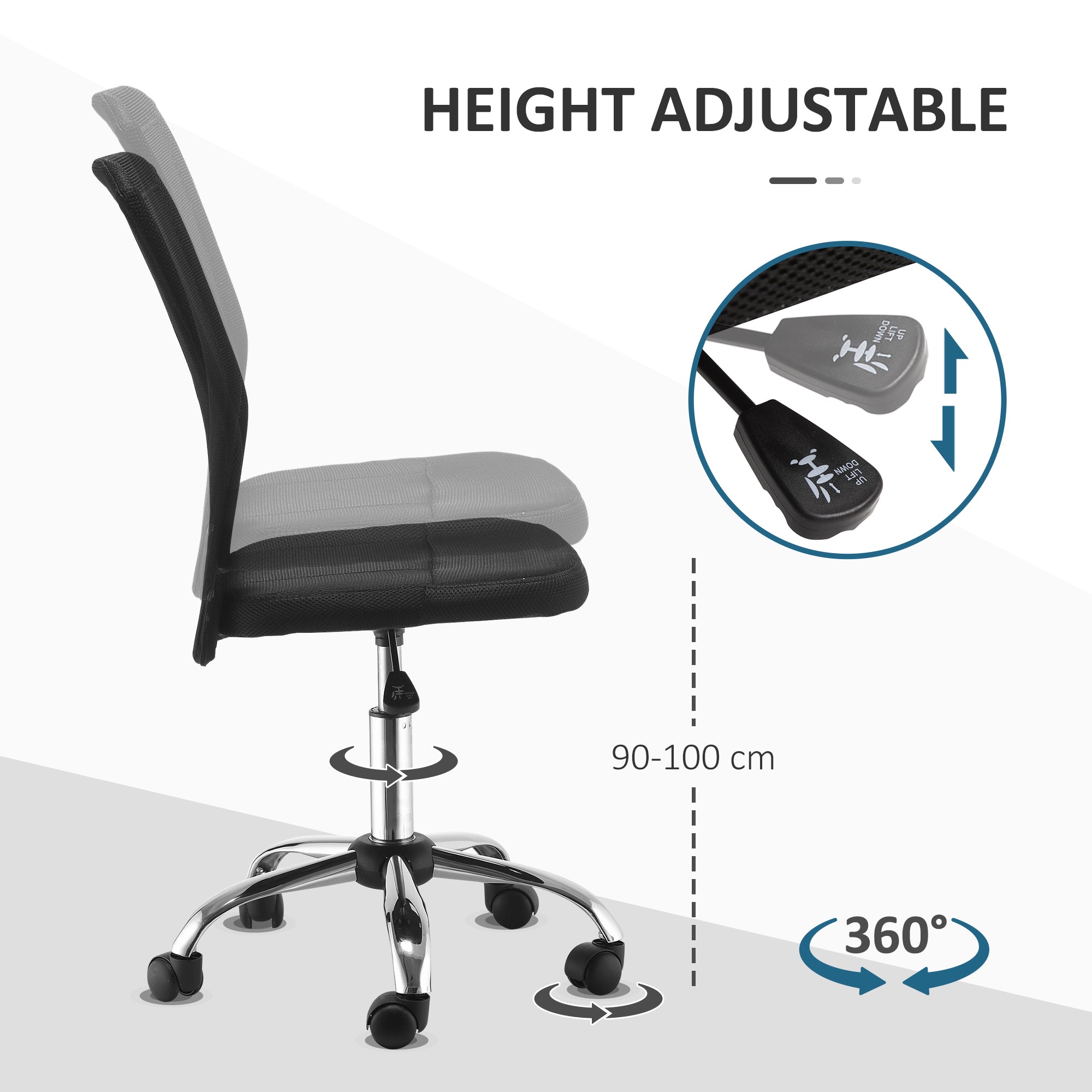 Vinsetto Office Chair, Armless Desk Chair, Adjustable Computer Swivel Chair with Rolling Wheels and Mesh Back for Home Work Study, Black - North Peak Garden Furniture
