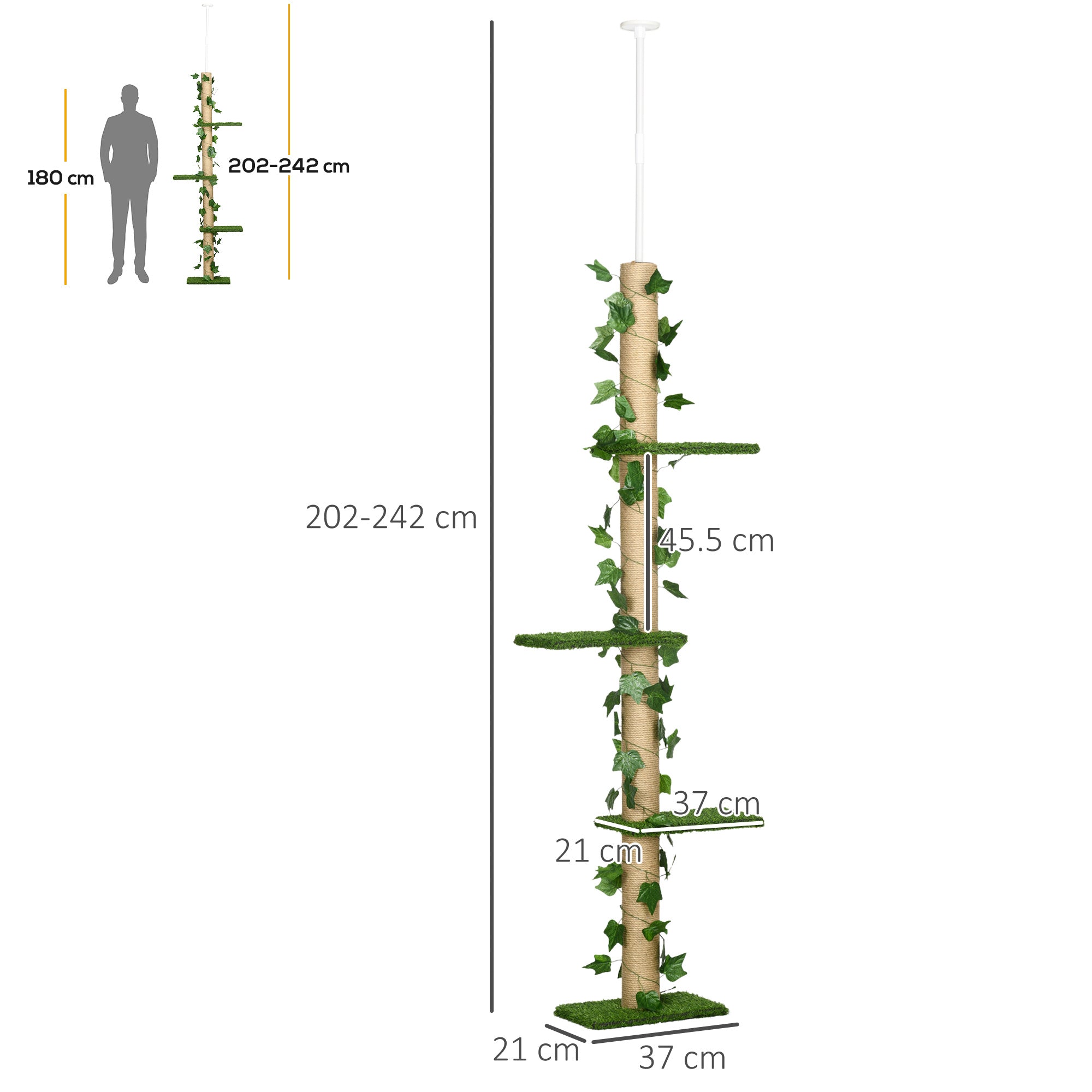 PawHut 242cm Adjustable Floor-To-Ceiling Cat Tree, with Artificial Decoration, Perches, Anti-Slip Kit - Green - North Peak Garden Furniture