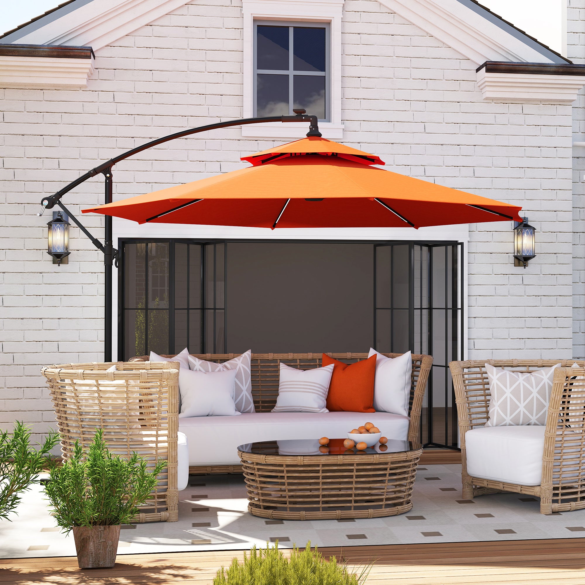 Outsunny 3m LED Light Overhanging Parasol - Orange - North Peak Garden Furniture