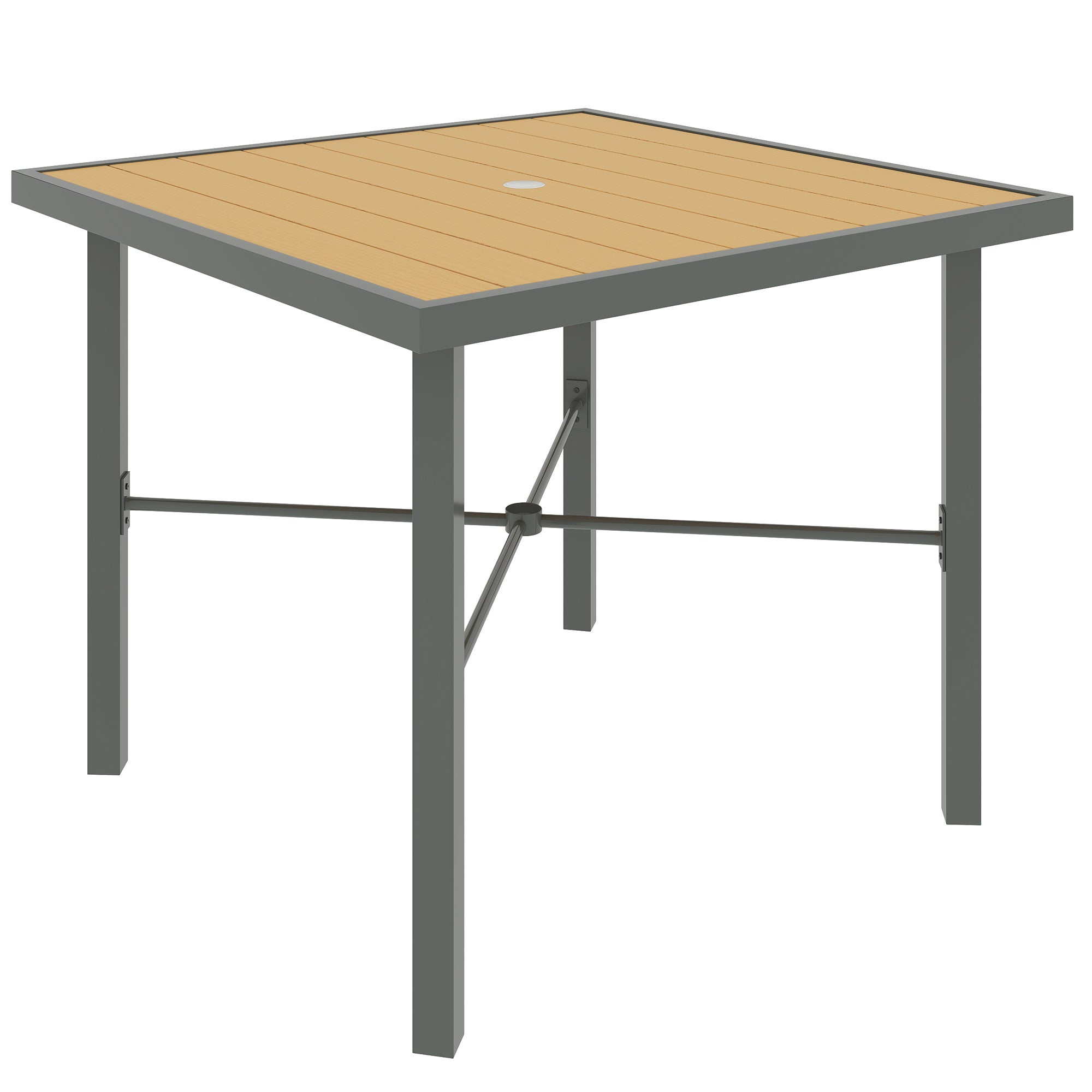 Outsunny Garden Table, 90cm Square Outdoor Patio Dining Table with 4.2 cm Umbrella Hole, Metal Frame, Wood Effect Top, for Terrace, Balcony, Natural Wood Finish - North Peak Garden Furniture