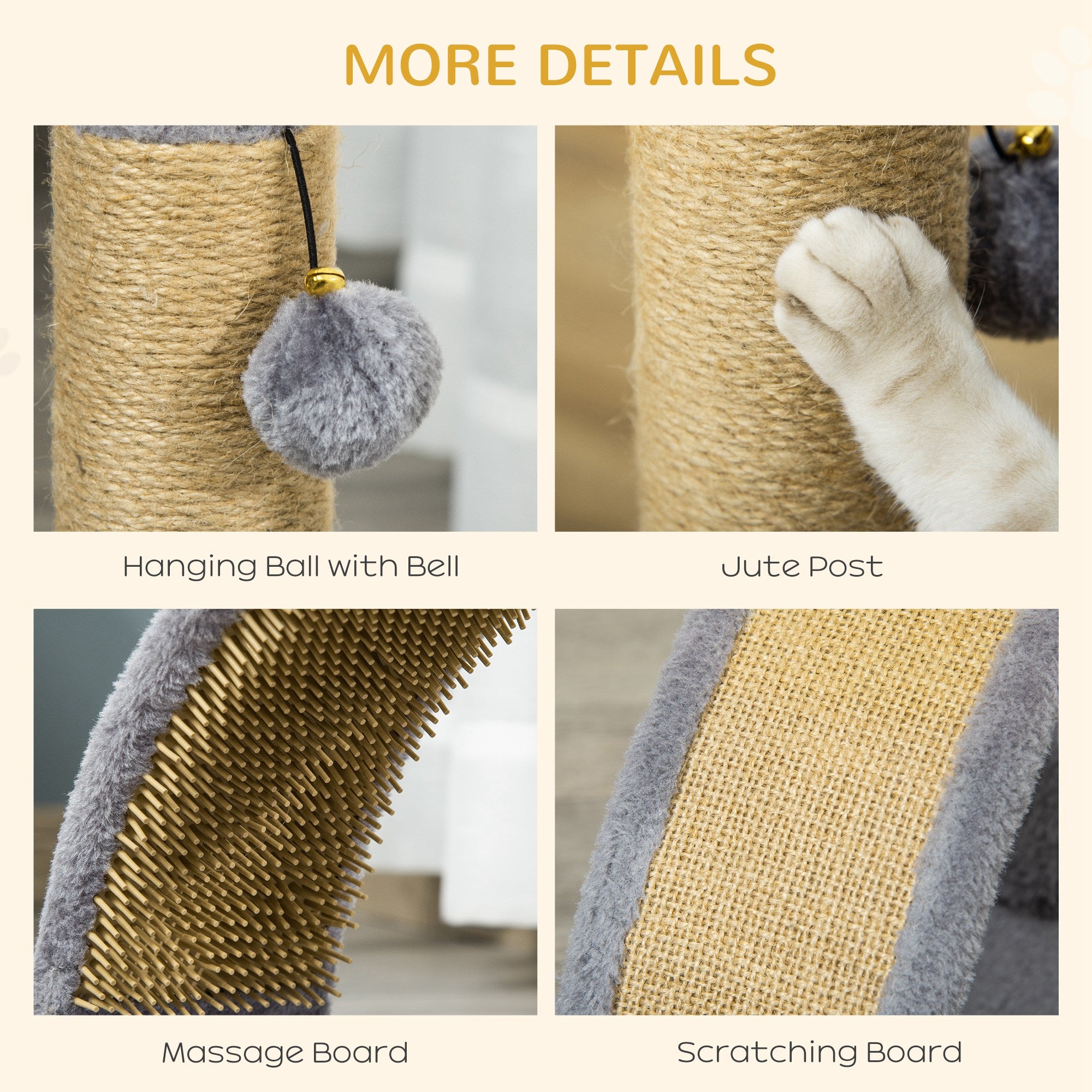 PawHut Cat Tree for Indoor Cats Climbing Activity Center Kitten Tower Furniture with Jute Post Scratching Massage Board Hanging Ball with Bell 34 x 24 x 43cm Grey - North Peak Garden Furniture