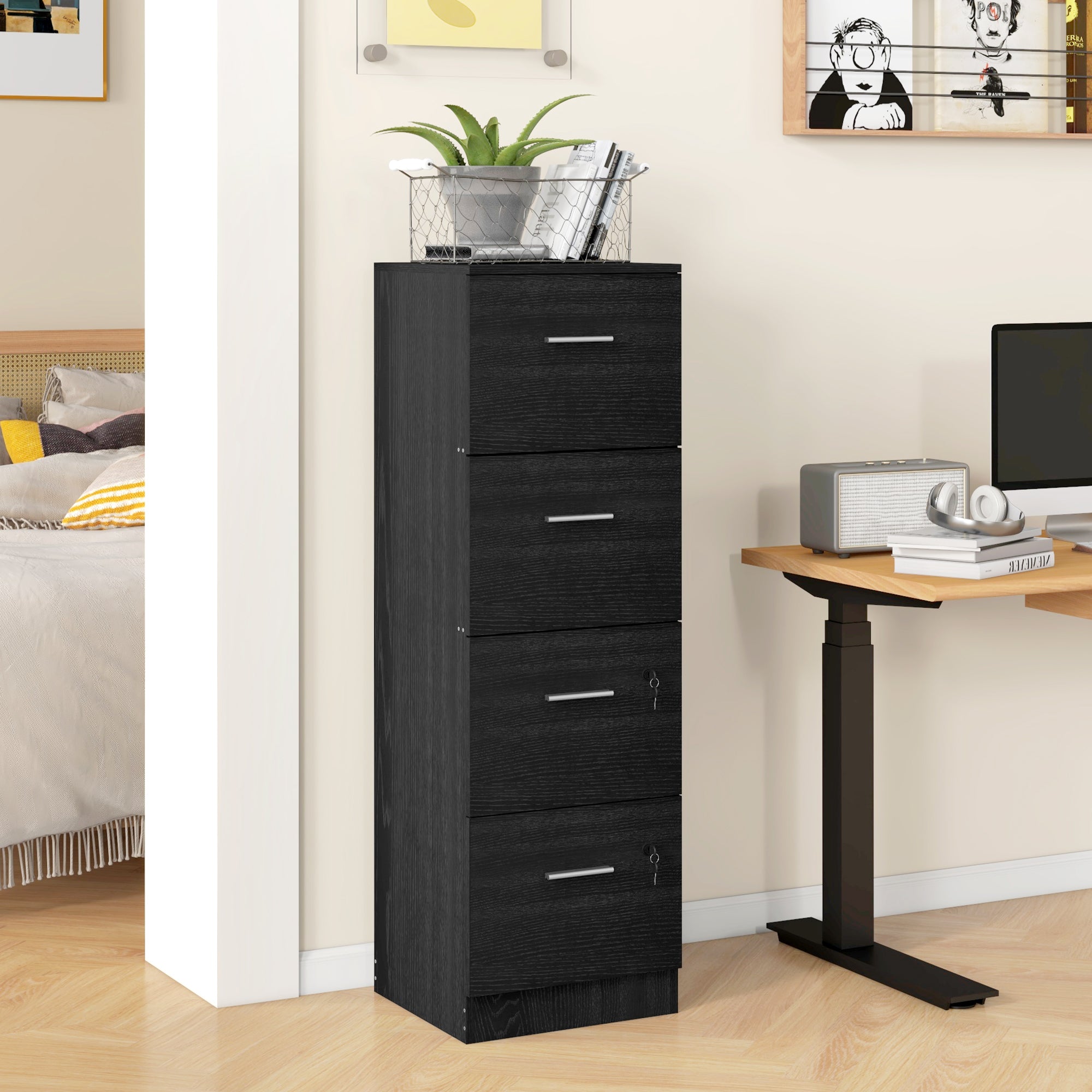 HOMCOM Four-Drawer Lockable Filing Cabinet - Black Wood Effect - North Peak Garden Furniture