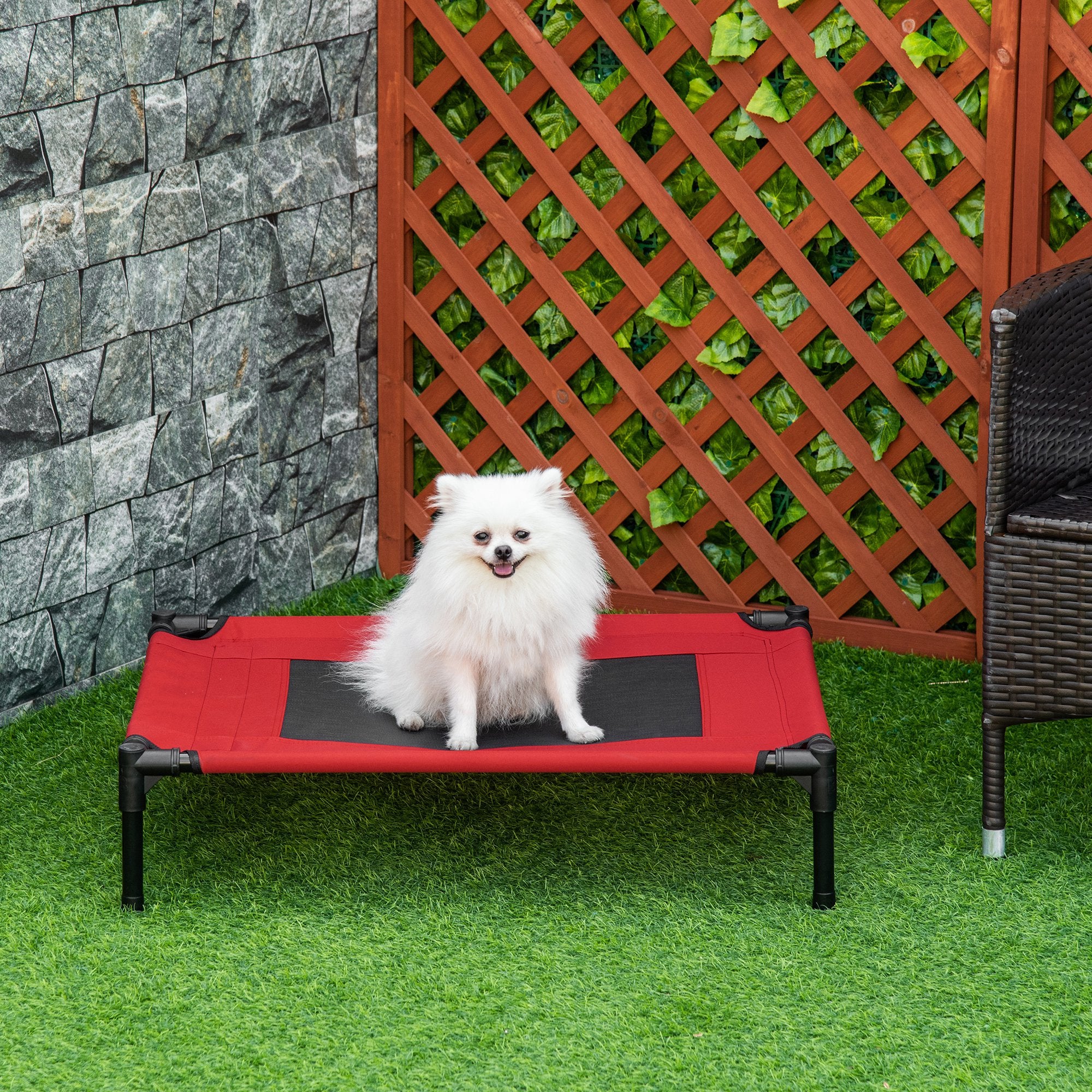PawHut Raised Dog Bed Cat Elevated Lifted Portable Camping w/ Metal Frame Black and Red (Medium) - North Peak Garden Furniture