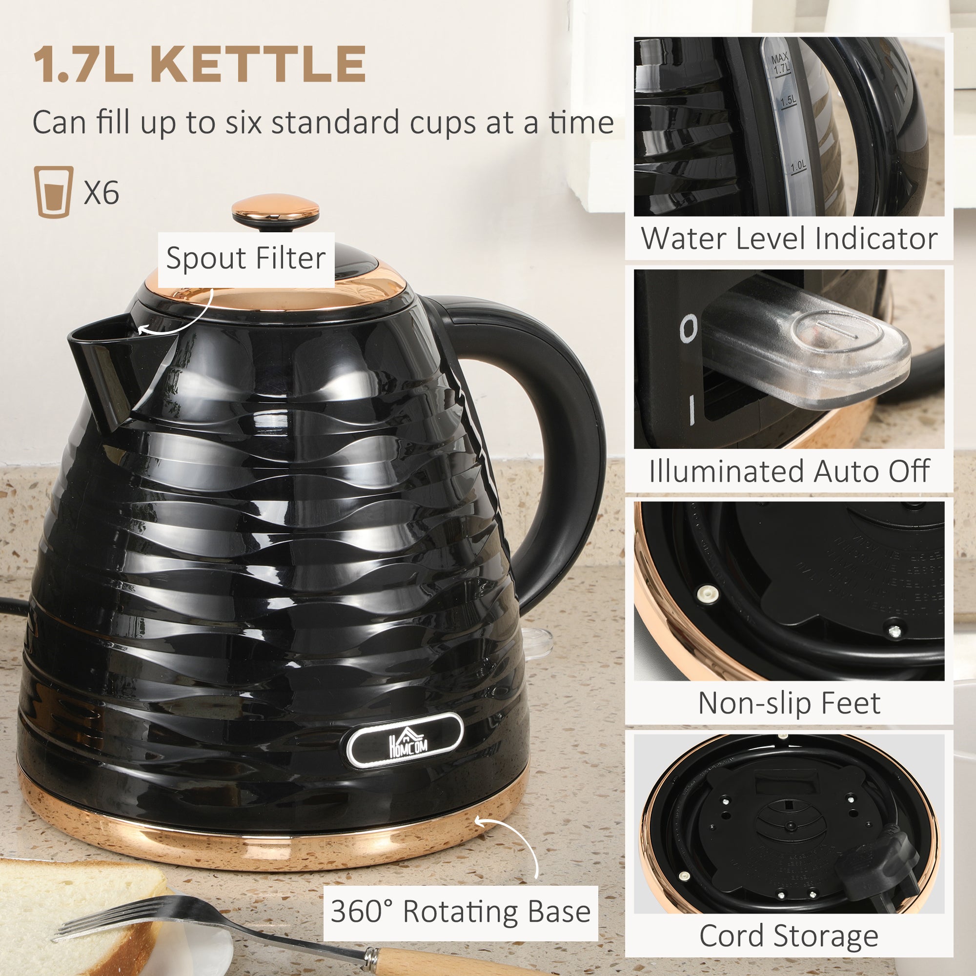 HOMCOM Kettle and Toaster Sets, 3000W 1.7L Rapid Boil Kettle & 4 Slice Toaster with 7 Browning Controls, Defrost, Reheat and Crumb Tray, Otter thermostat, Black - North Peak Garden Furniture