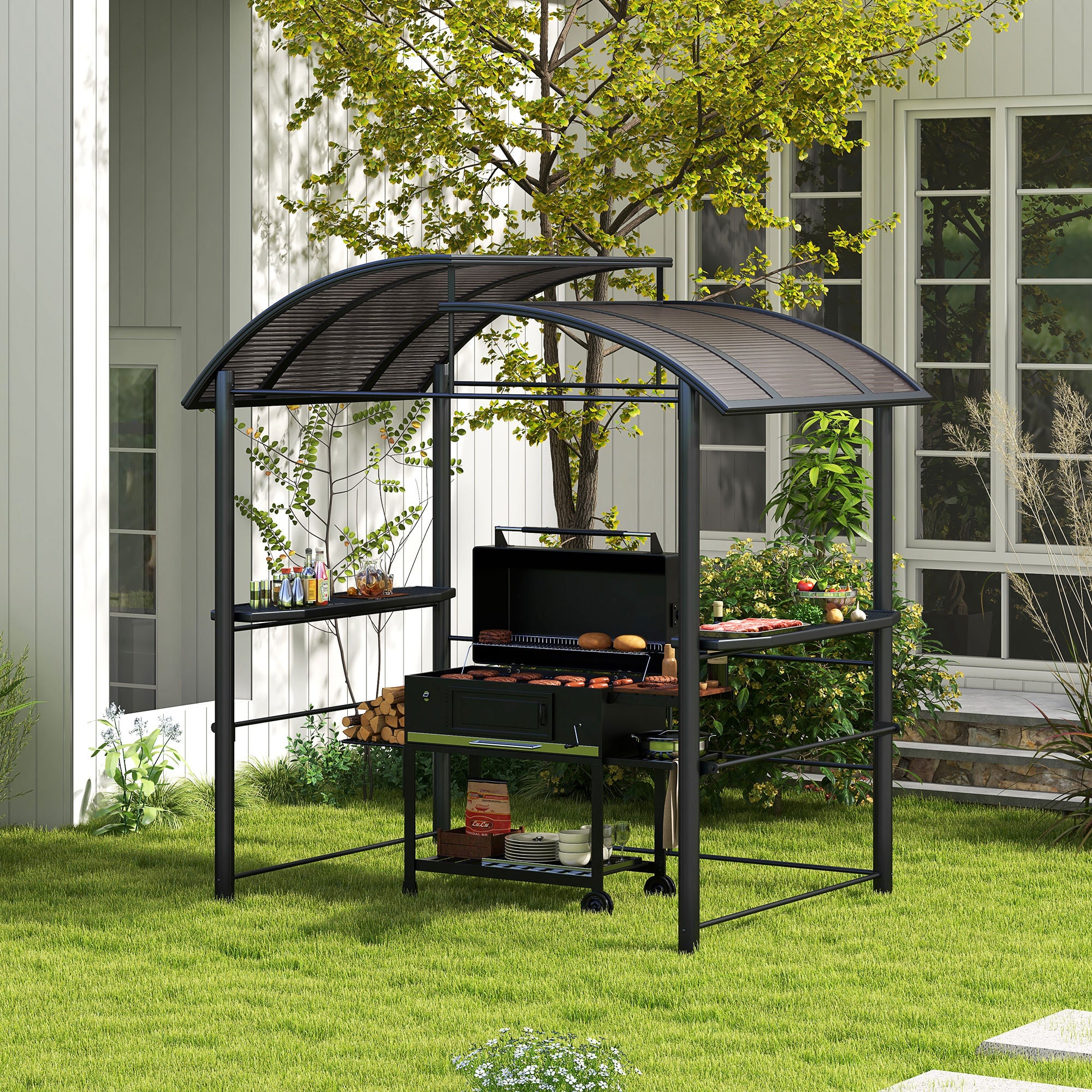 Outsunny 2.4 x 1.5m Outdoor Grill Gazebo with Side Shelves, PC Board Roof, Dark Grey - North Peak Garden Furniture