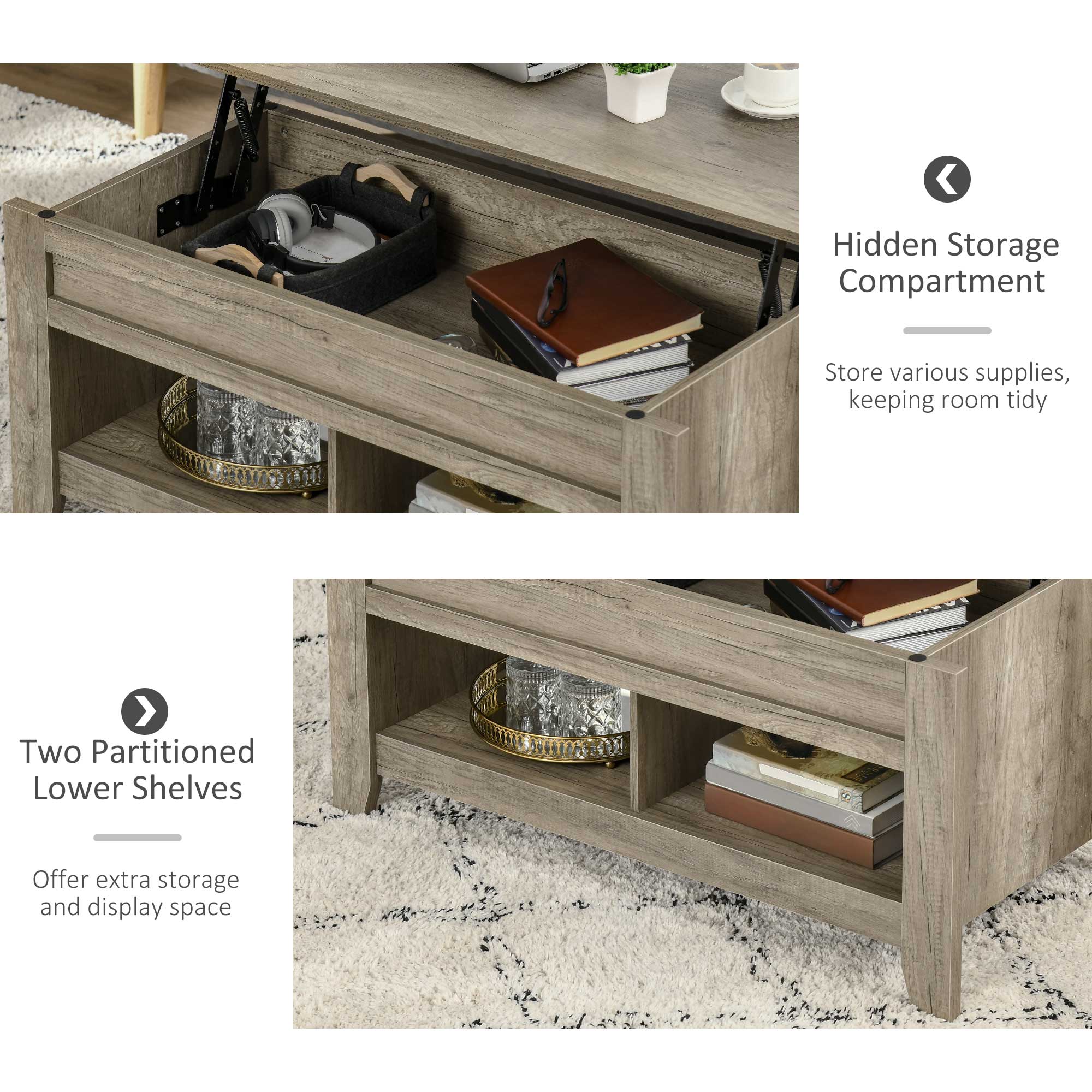 HOMCOM Lift Top Coffee Table w/ Hidden Storage Compartment Open Shelves Lift Tabletop Pop Up Centre Table for Living Room Oak Effect - North Peak Garden Furniture