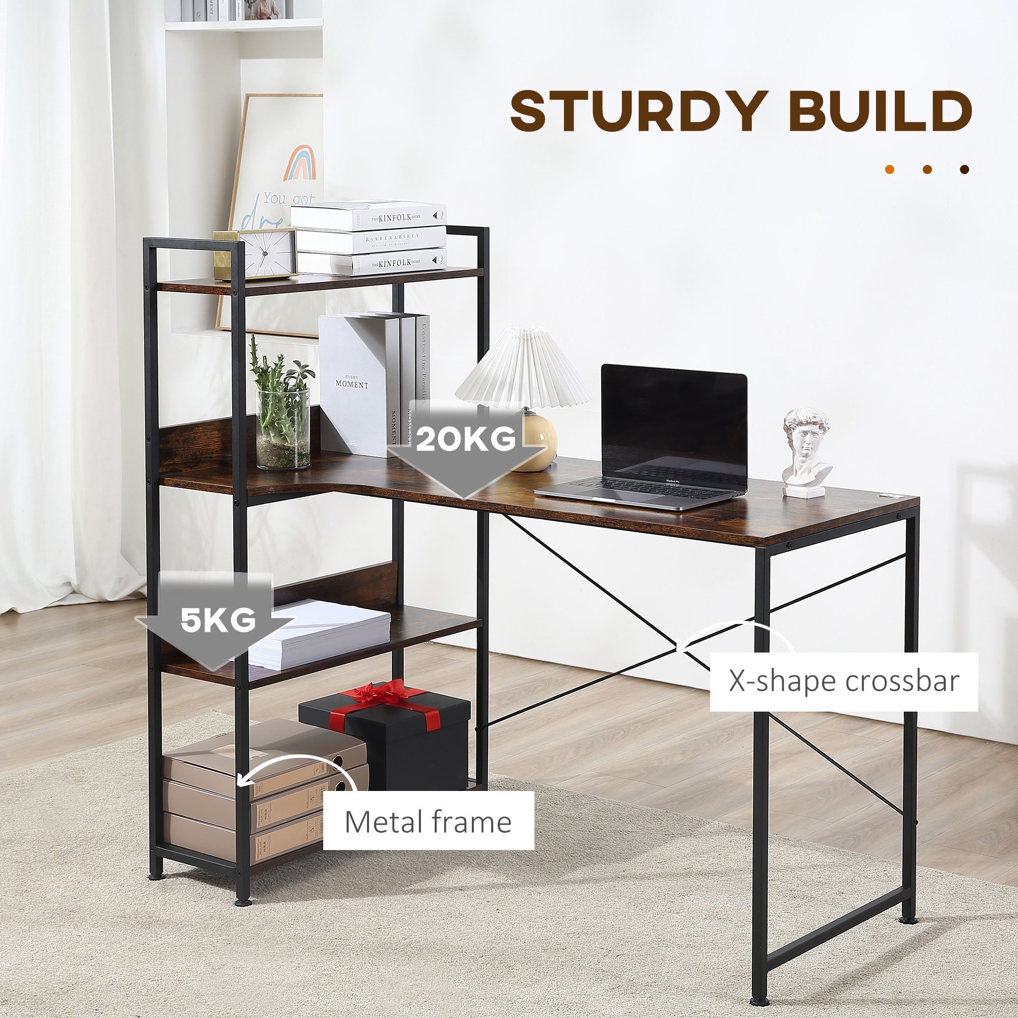 HOMCOM Computer Desk with 4-Tier Storage Shelf, Study Table, Home Office Desk with Bookshelf and Metal Frame, 120 x 70 x 120cm, Brown