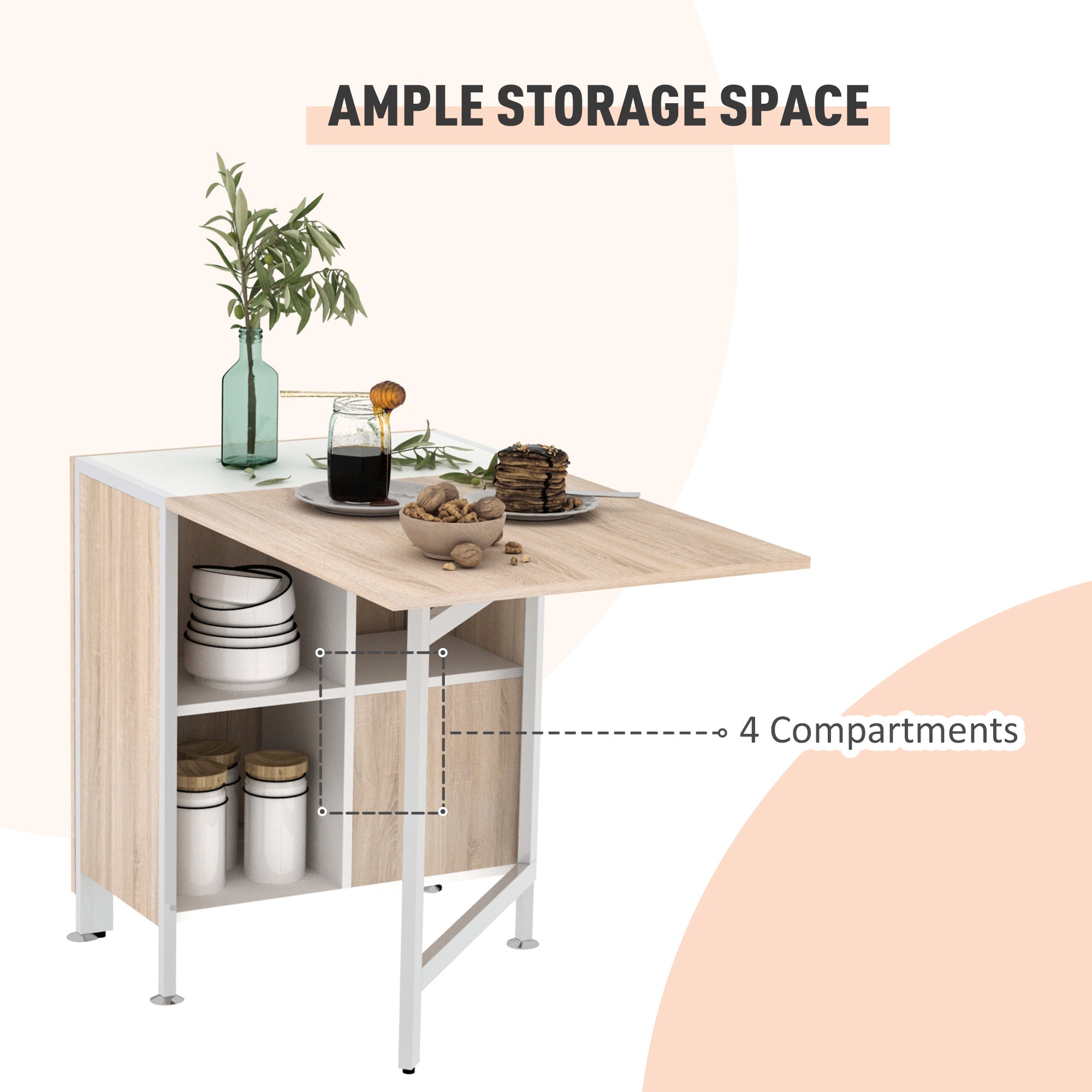 HOMCOM Foldable Drop Leaf Dining Table Folding Workstation for Small Space with Storage Shelves Cubes Oak & White - North Peak Garden Furniture
