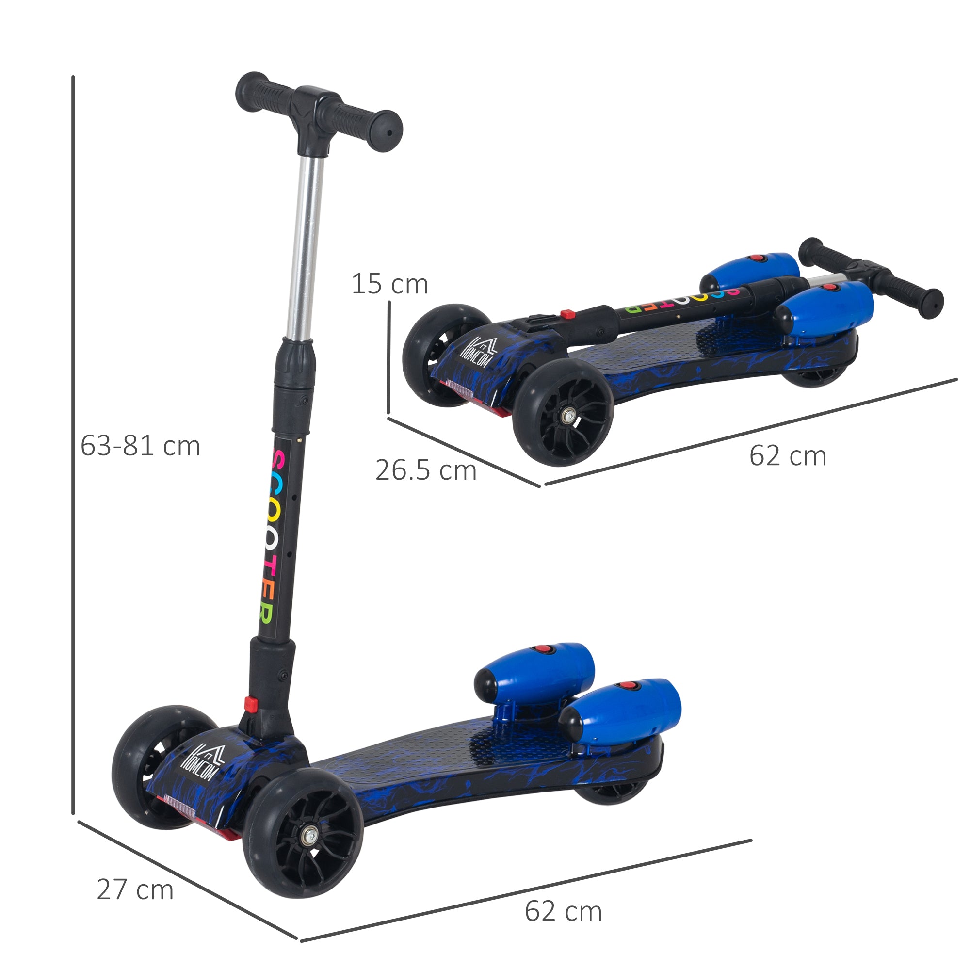 HOMCOM Scooter for Kids Toddler 3 Wheel Adjustable Height w/ Flashing Wheels Music Water Spray Foldable Kick Scooter for Boys and Girls 3 - 6 Yrs Blue - North Peak Garden Furniture