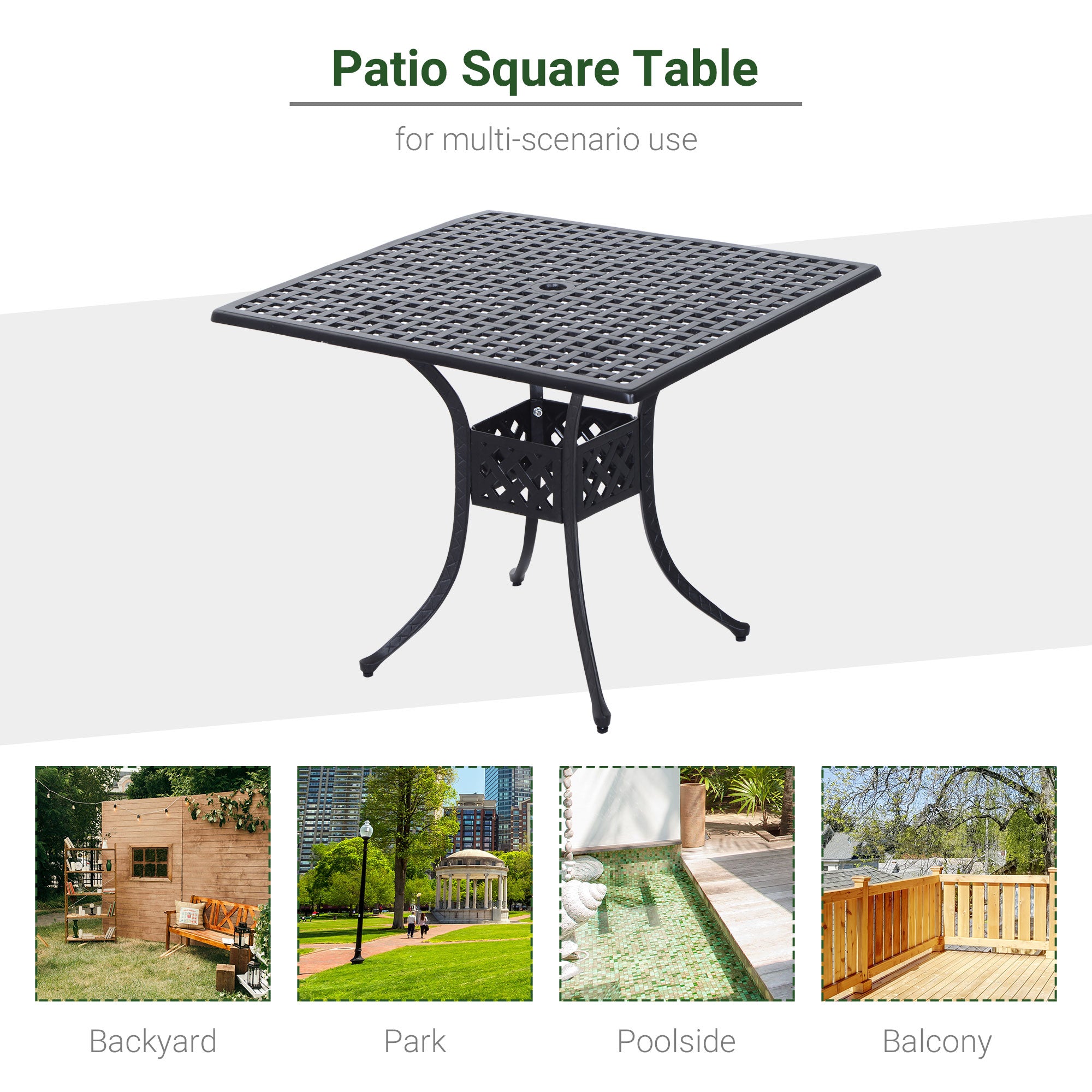 Outsunny 90cm Square Garden Table with Umbrella Hole, Aluminium Grid Motif Outdoor Dining Table for Garden Patio, Black - North Peak Garden Furniture