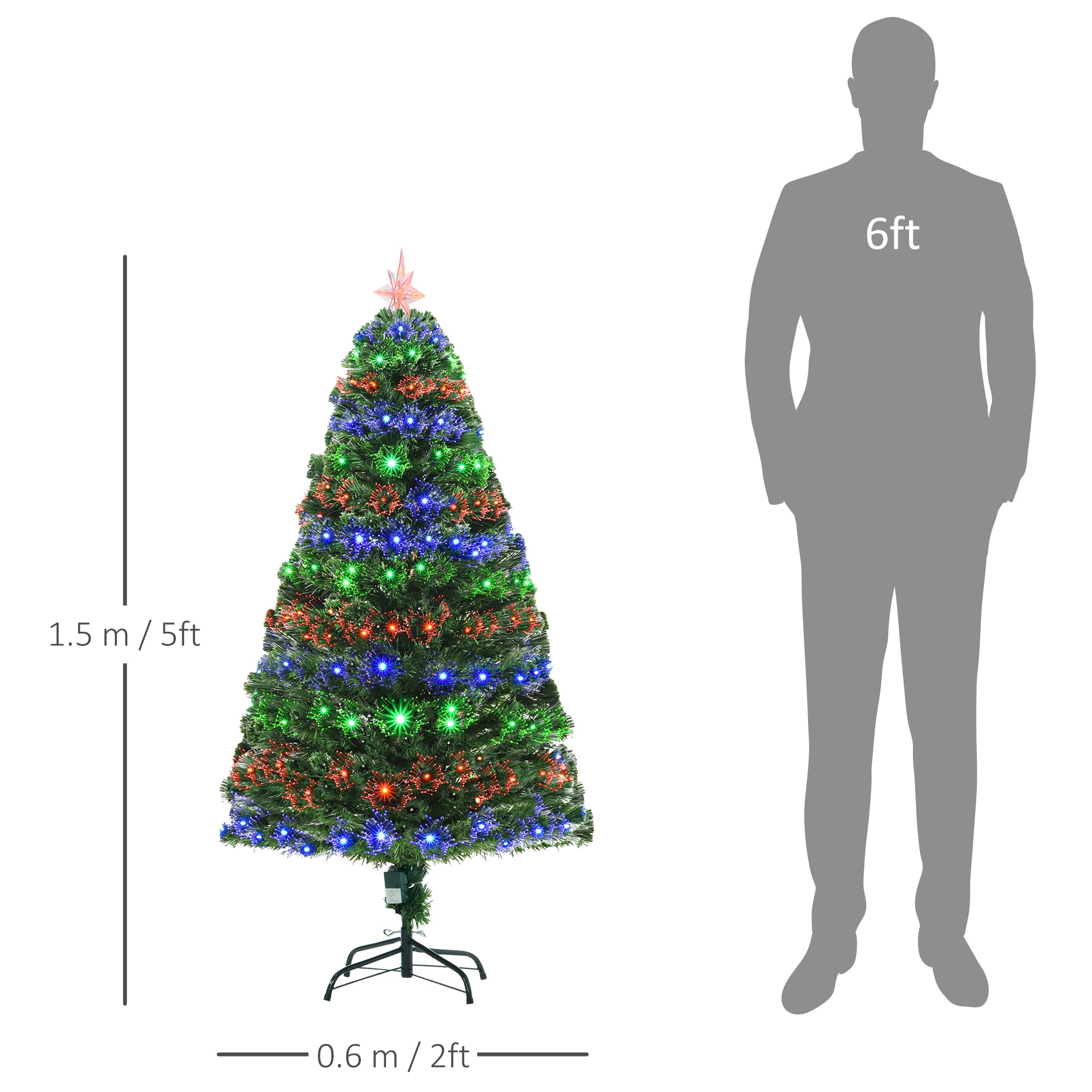HOMCOM 5 Feet Prelit Artificial Christmas Tree with Multi-Coloured Fiber Optic LED Light, Holiday Home Xmas Decoration, Green - North Peak Garden Furniture